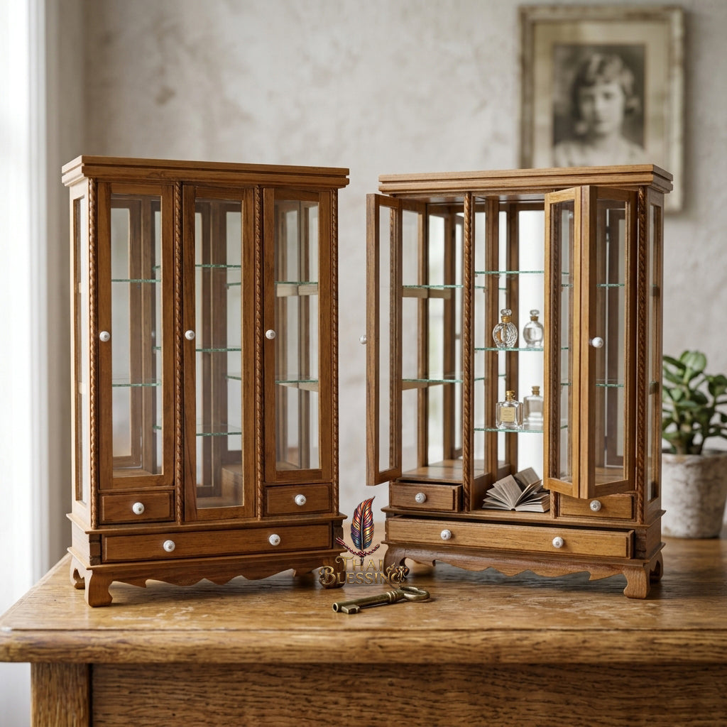 🔱 Handcrafted Miniature Antique Triple-Door Golden Teakwood Thai Pattern Showcase: Symmetrical 3-Door System – Clear Crystal Glass Paneling – Functional Base Drawers – Premium Insect-Resistant Solid Teak Masterpiece!