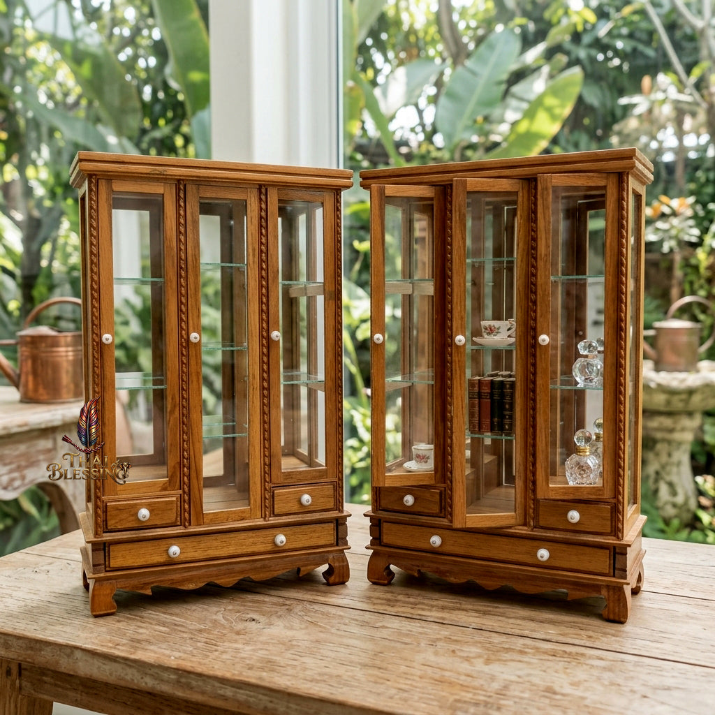 🔱 Handcrafted Miniature Antique Triple-Door Golden Teakwood Thai Pattern Showcase: Symmetrical 3-Door System – Clear Crystal Glass Paneling – Functional Base Drawers – Premium Insect-Resistant Solid Teak Masterpiece!