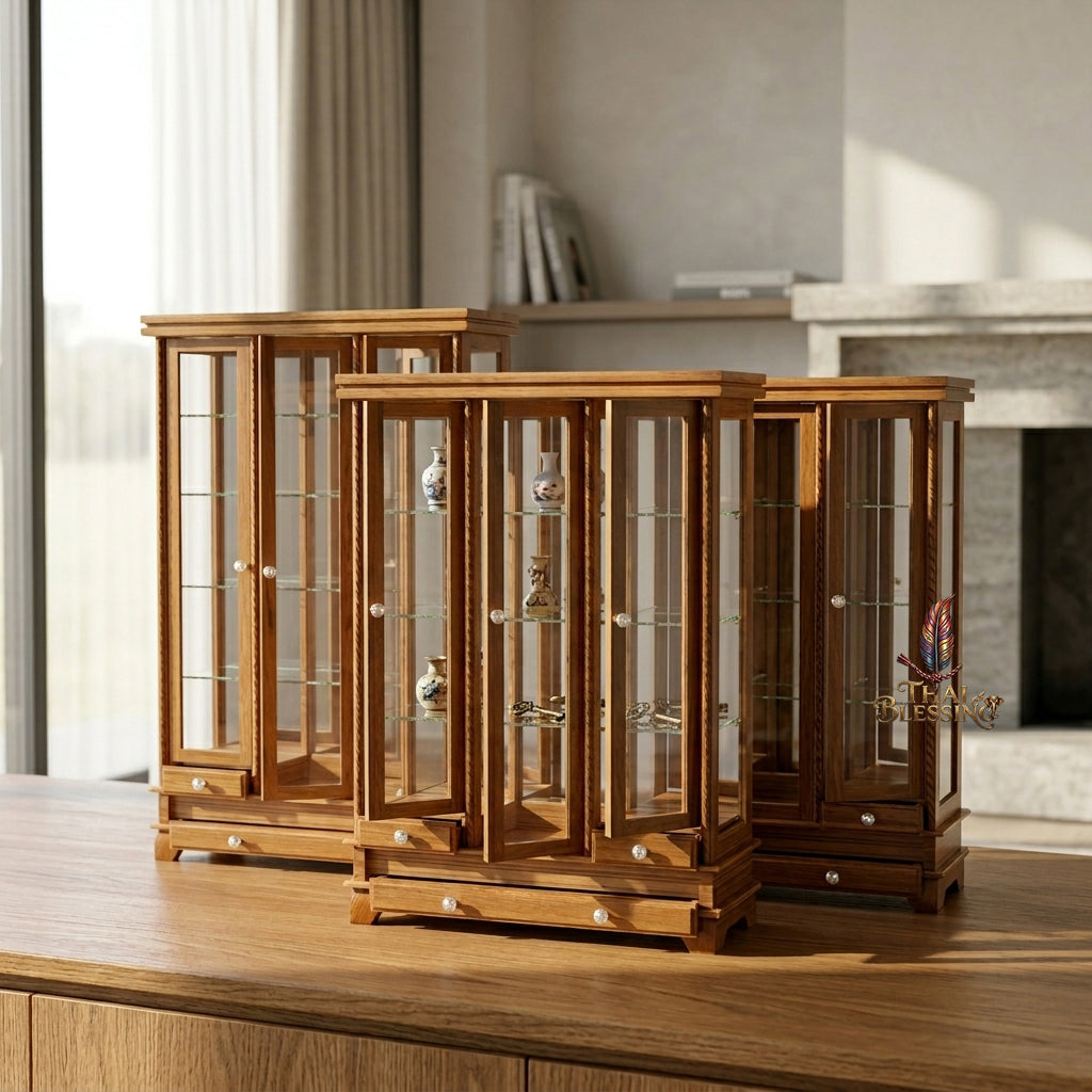 🔱 Handcrafted Miniature Antique Triple-Door Golden Teakwood Thai Pattern Showcase: Symmetrical 3-Door System – Clear Crystal Glass Paneling – Functional Base Drawers – Premium Insect-Resistant Solid Teak Masterpiece!
