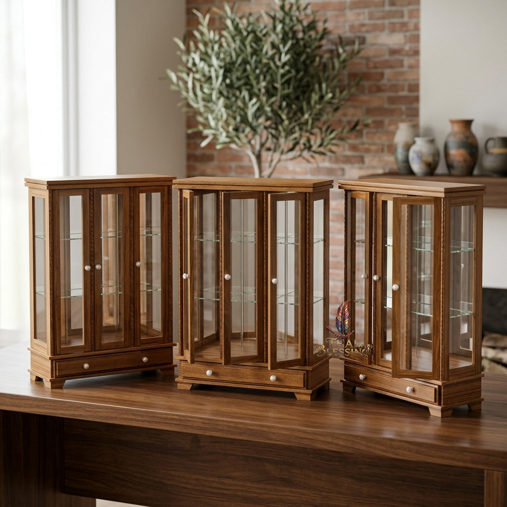 🔱 Handcrafted Miniature Antique Triple-Door Golden Teakwood Thai Pattern Showcase: Symmetrical 3-Door System – Clear Crystal Glass Paneling – Functional Base Drawers – Premium Insect-Resistant Solid Teak Masterpiece!