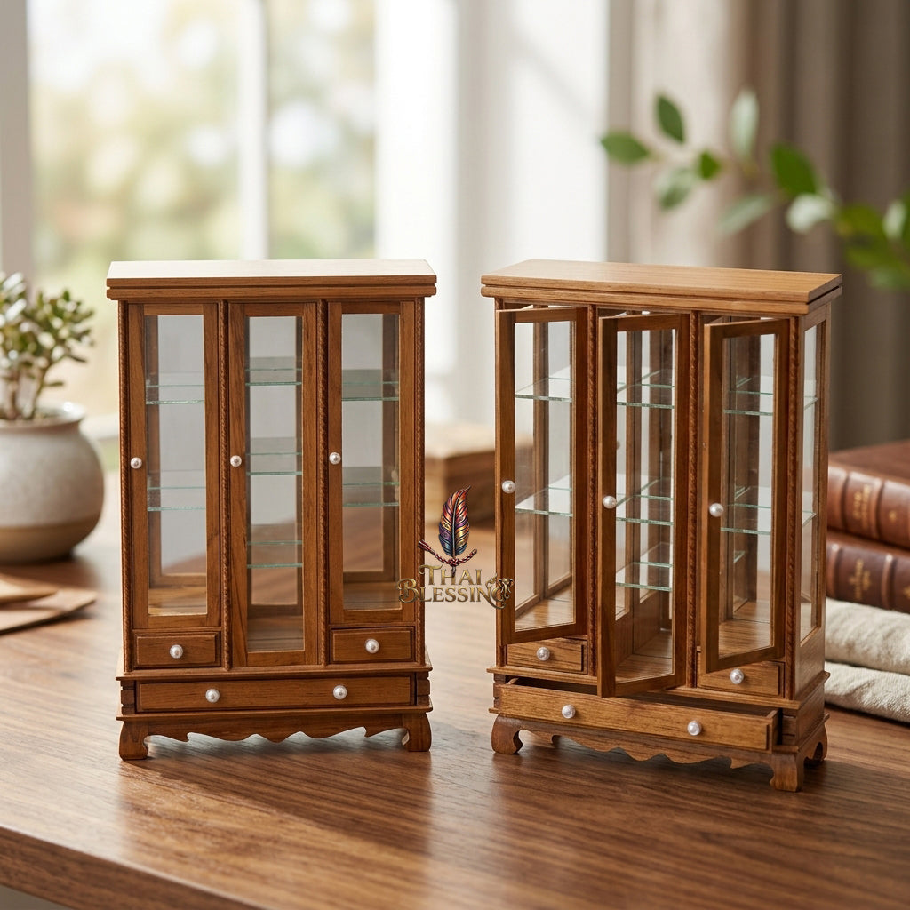 🔱 Handcrafted Miniature Antique Triple-Door Golden Teakwood Thai Pattern Showcase: Symmetrical 3-Door System – Clear Crystal Glass Paneling – Functional Base Drawers – Premium Insect-Resistant Solid Teak Masterpiece!