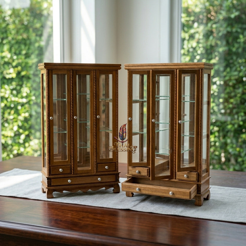 🔱 Handcrafted Miniature Antique Triple-Door Golden Teakwood Thai Pattern Showcase: Symmetrical 3-Door System – Clear Crystal Glass Paneling – Functional Base Drawers – Premium Insect-Resistant Solid Teak Masterpiece!