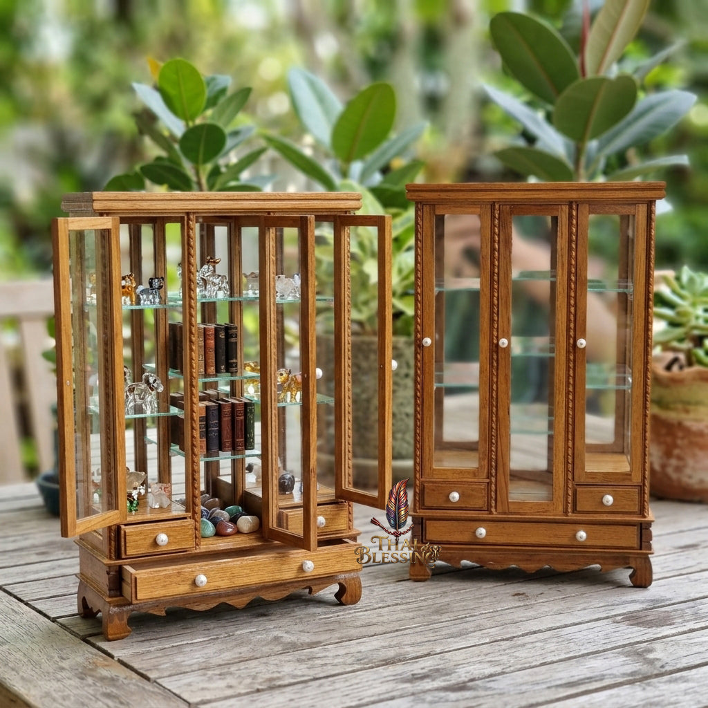 🔱 Handcrafted Miniature Antique Triple-Door Golden Teakwood Thai Pattern Showcase: Symmetrical 3-Door System – Clear Crystal Glass Paneling – Functional Base Drawers – Premium Insect-Resistant Solid Teak Masterpiece!
