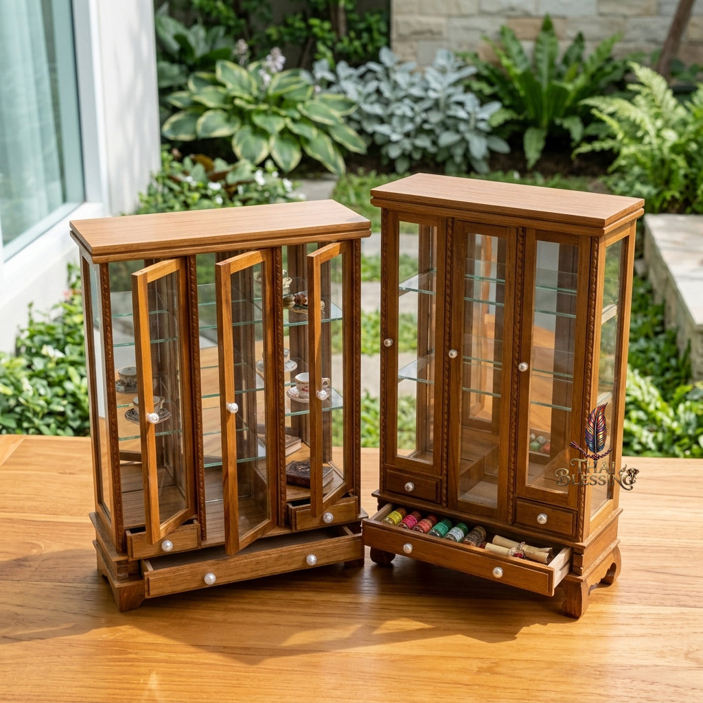 🔱 Handcrafted Miniature Antique Triple-Door Golden Teakwood Thai Pattern Showcase: Symmetrical 3-Door System – Clear Crystal Glass Paneling – Functional Base Drawers – Premium Insect-Resistant Solid Teak Masterpiece!