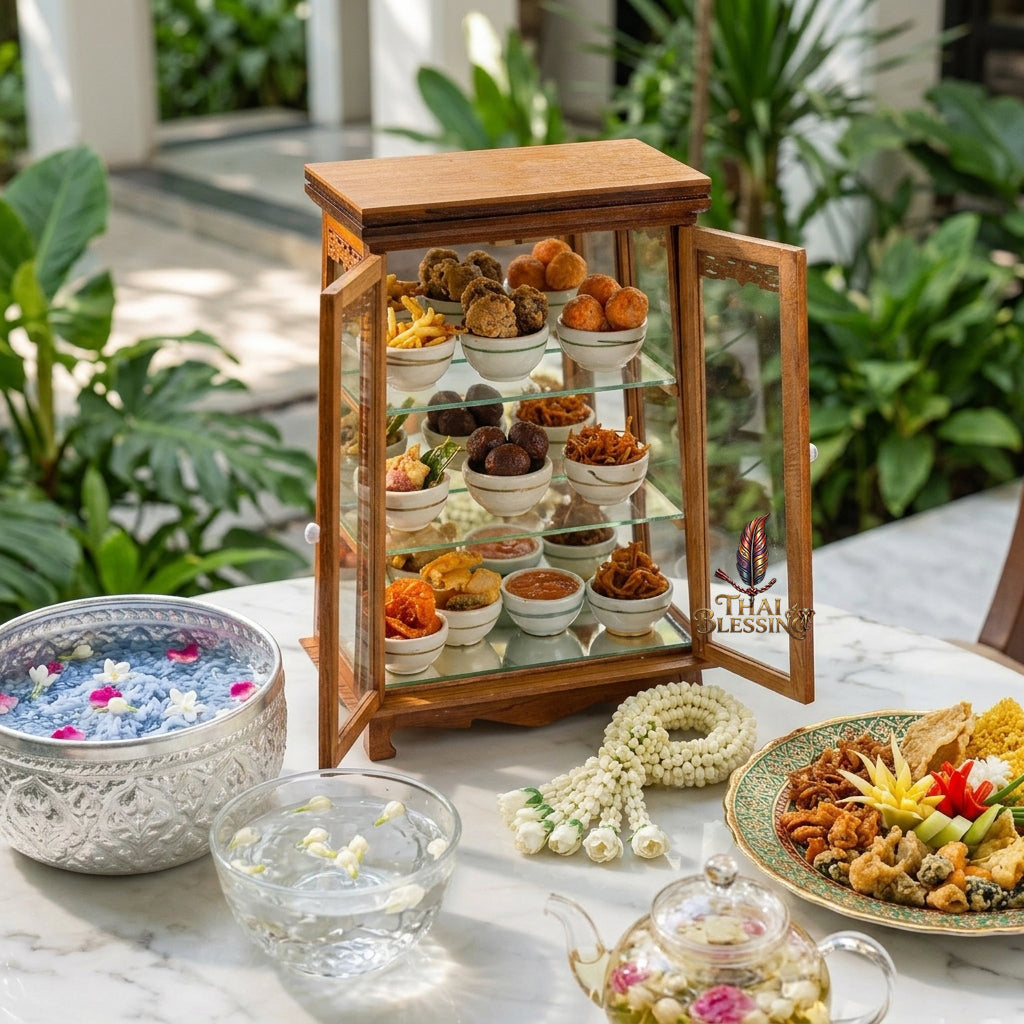 🔱 Handcrafted Miniature Antique Rectangular Golden Teakwood Thai Pattern Showcase: Twin-Door Access – Infinite Optical Mirror-Back Panel – Removable Tier Glass System – Premium Insect-Resistant Solid Teak Masterpiece!
