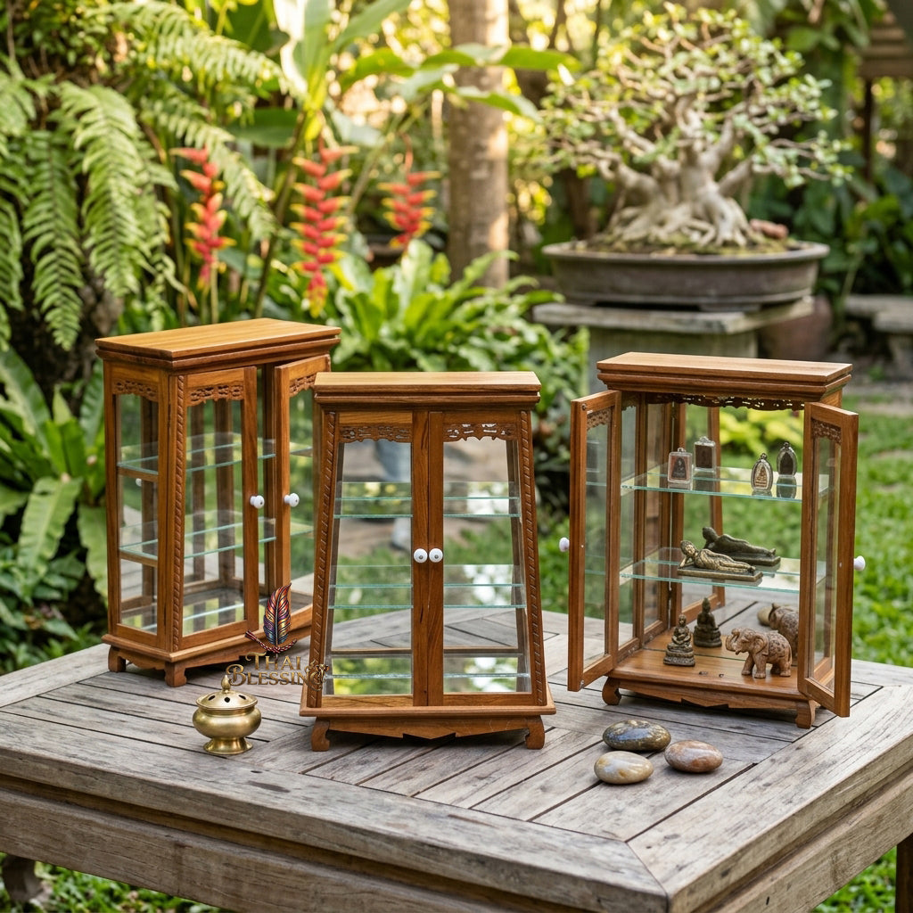 🔱 Handcrafted Miniature Antique Rectangular Golden Teakwood Thai Pattern Showcase: Twin-Door Access – Infinite Optical Mirror-Back Panel – Removable Tier Glass System – Premium Insect-Resistant Solid Teak Masterpiece!
