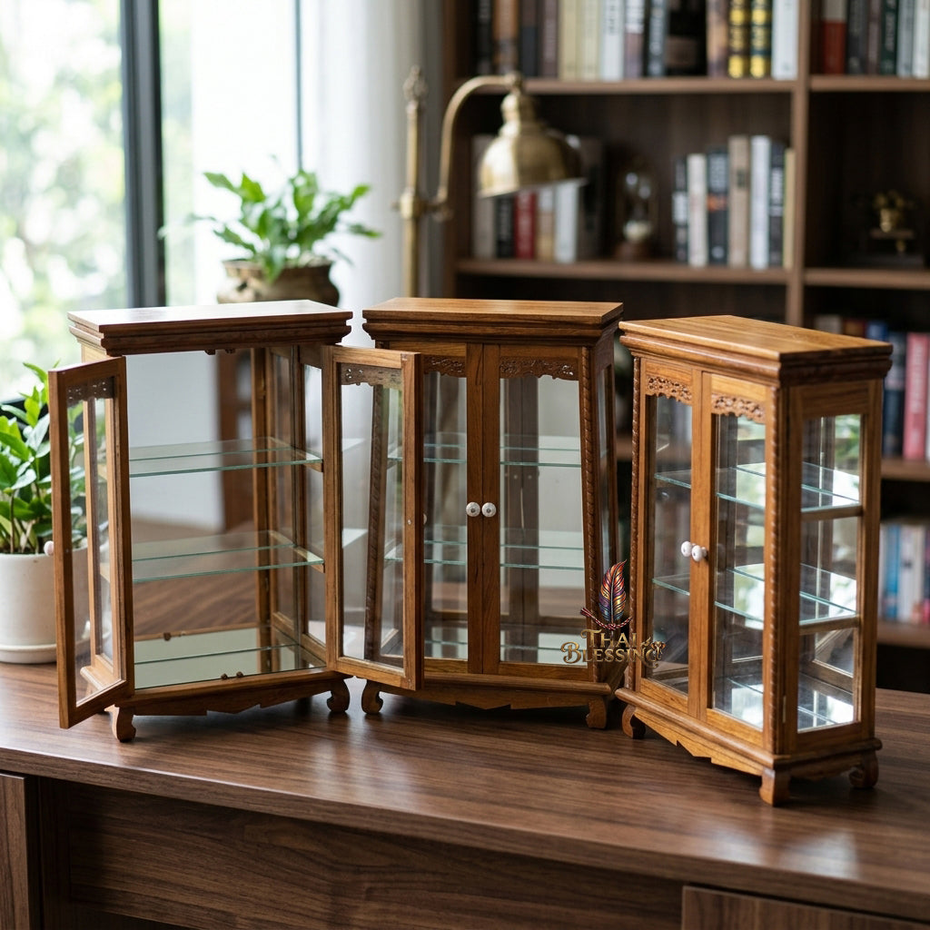 🔱 Handcrafted Miniature Antique Rectangular Golden Teakwood Thai Pattern Showcase: Twin-Door Access – Infinite Optical Mirror-Back Panel – Removable Tier Glass System – Premium Insect-Resistant Solid Teak Masterpiece!