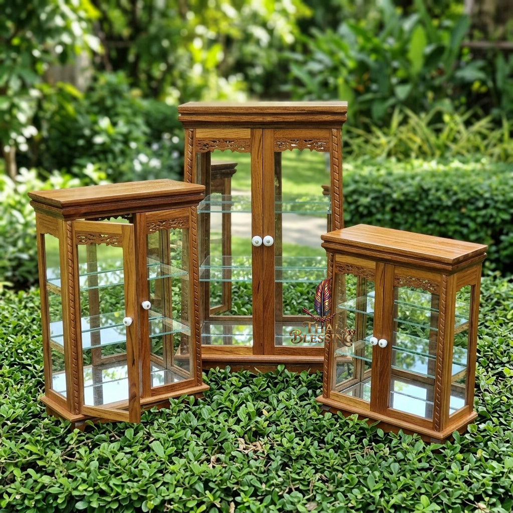 🔱 Handcrafted Miniature Antique Rectangular Golden Teakwood Thai Pattern Showcase: Twin-Door Access – Infinite Optical Mirror-Back Panel – Removable Tier Glass System – Premium Insect-Resistant Solid Teak Masterpiece!