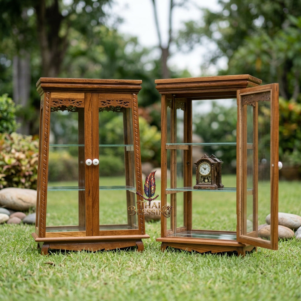 🔱 Handcrafted Miniature Antique Rectangular Golden Teakwood Thai Pattern Showcase: Twin-Door Access – Infinite Optical Mirror-Back Panel – Removable Tier Glass System – Premium Insect-Resistant Solid Teak Masterpiece!