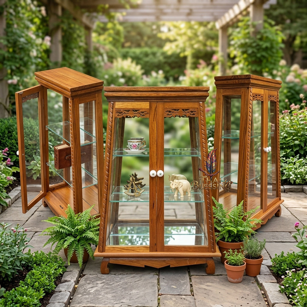 🔱 Handcrafted Miniature Antique Rectangular Golden Teakwood Thai Pattern Showcase: Twin-Door Access – Infinite Optical Mirror-Back Panel – Removable Tier Glass System – Premium Insect-Resistant Solid Teak Masterpiece!
