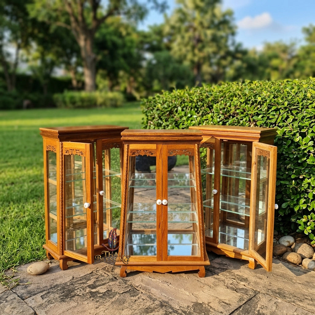 🔱 Handcrafted Miniature Antique Rectangular Golden Teakwood Thai Pattern Showcase: Twin-Door Access – Infinite Optical Mirror-Back Panel – Removable Tier Glass System – Premium Insect-Resistant Solid Teak Masterpiece!