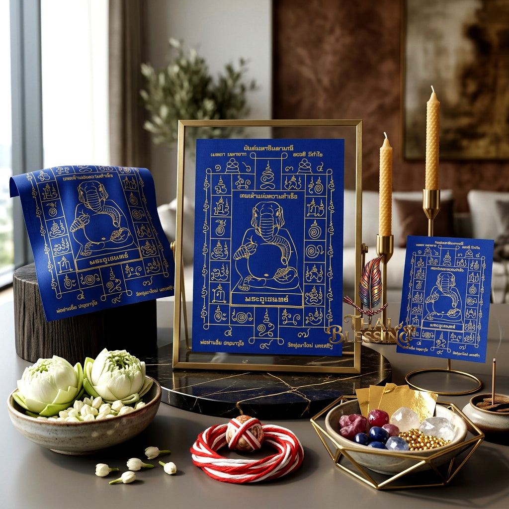✨🐘 Sacred Phra Uchen Triumphant Elephant Monarch Yantra Cloth - Phor Than Im Wat Thung Na Mai 106th Anniversary Legacy Scroll, Ultimate Obstacle Dissolver & Wealth Matrix, Premium Corporate Command Spiritual Wall Art