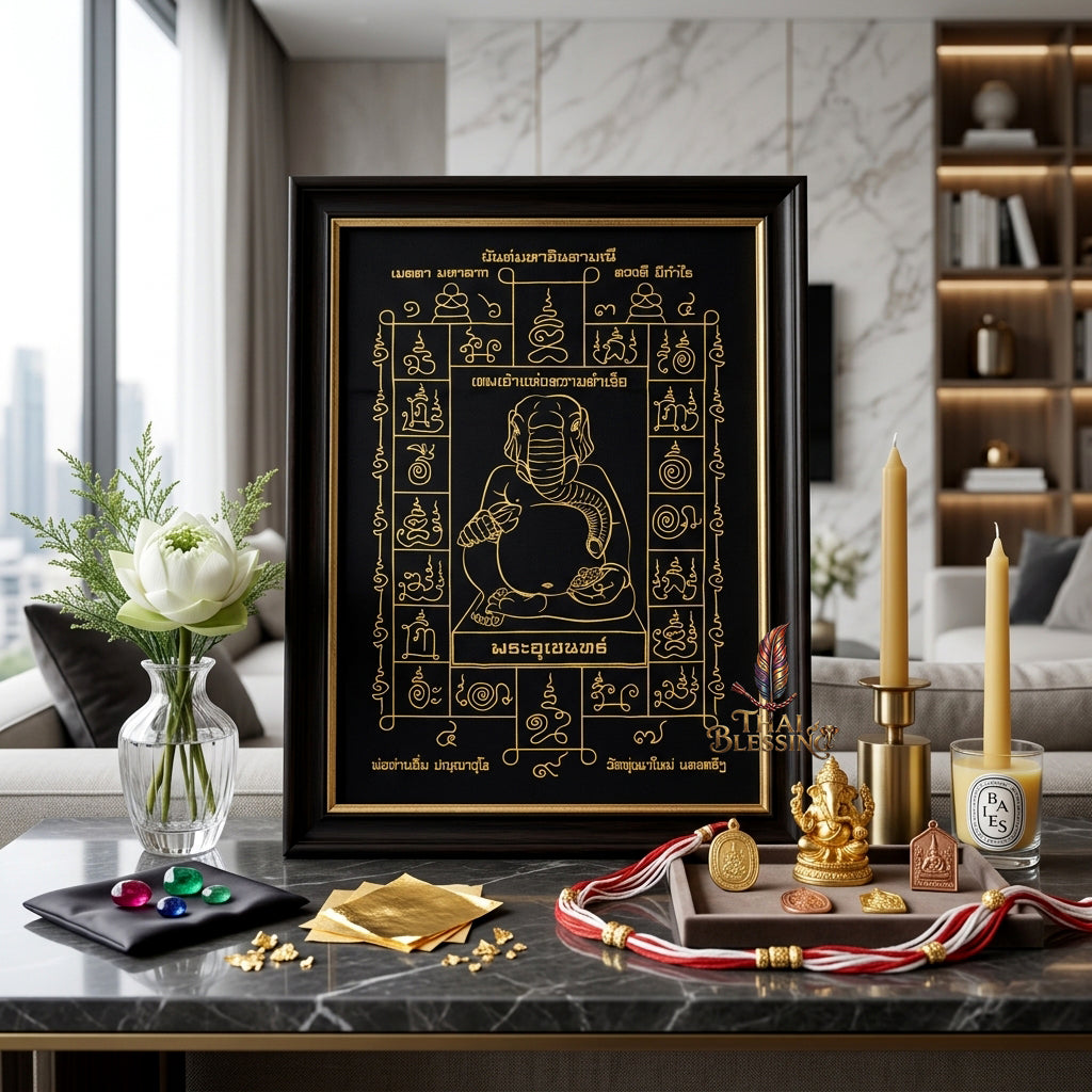 ✨🐘 Sacred Phra Uchen Triumphant Elephant Monarch Yantra Cloth - Phor Than Im Wat Thung Na Mai 106th Anniversary Legacy Scroll, Ultimate Obstacle Dissolver & Wealth Matrix, Premium Corporate Command Spiritual Wall Art