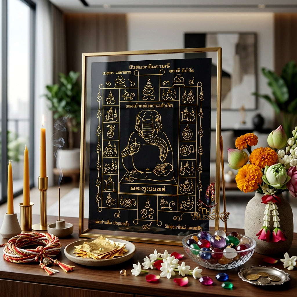 ✨🐘 Sacred Phra Uchen Triumphant Elephant Monarch Yantra Cloth - Phor Than Im Wat Thung Na Mai 106th Anniversary Legacy Scroll, Ultimate Obstacle Dissolver & Wealth Matrix, Premium Corporate Command Spiritual Wall Art