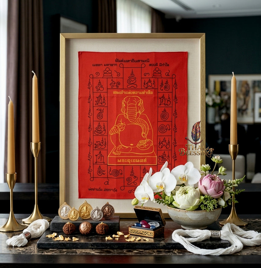 ✨🐘 Sacred Phra Uchen Triumphant Elephant Monarch Yantra Cloth - Phor Than Im Wat Thung Na Mai 106th Anniversary Legacy Scroll, Ultimate Obstacle Dissolver & Wealth Matrix, Premium Corporate Command Spiritual Wall Art