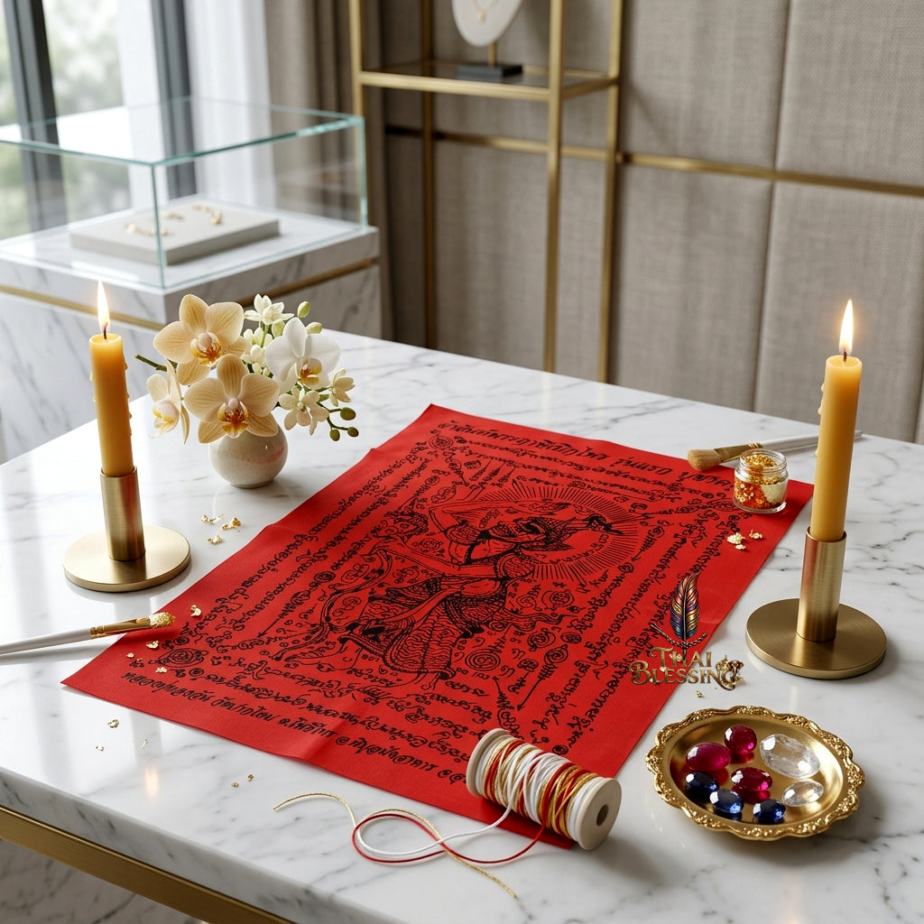 ✨🧘‍♂️ Thai Sacred Hermit Sage Path-Clearing Yantra Cloth - Luang Pu Thongwan 2009 First Edition, Ultimate Wealth Fortune Opener Scroll, Premium Authority Charisma Wall Art
