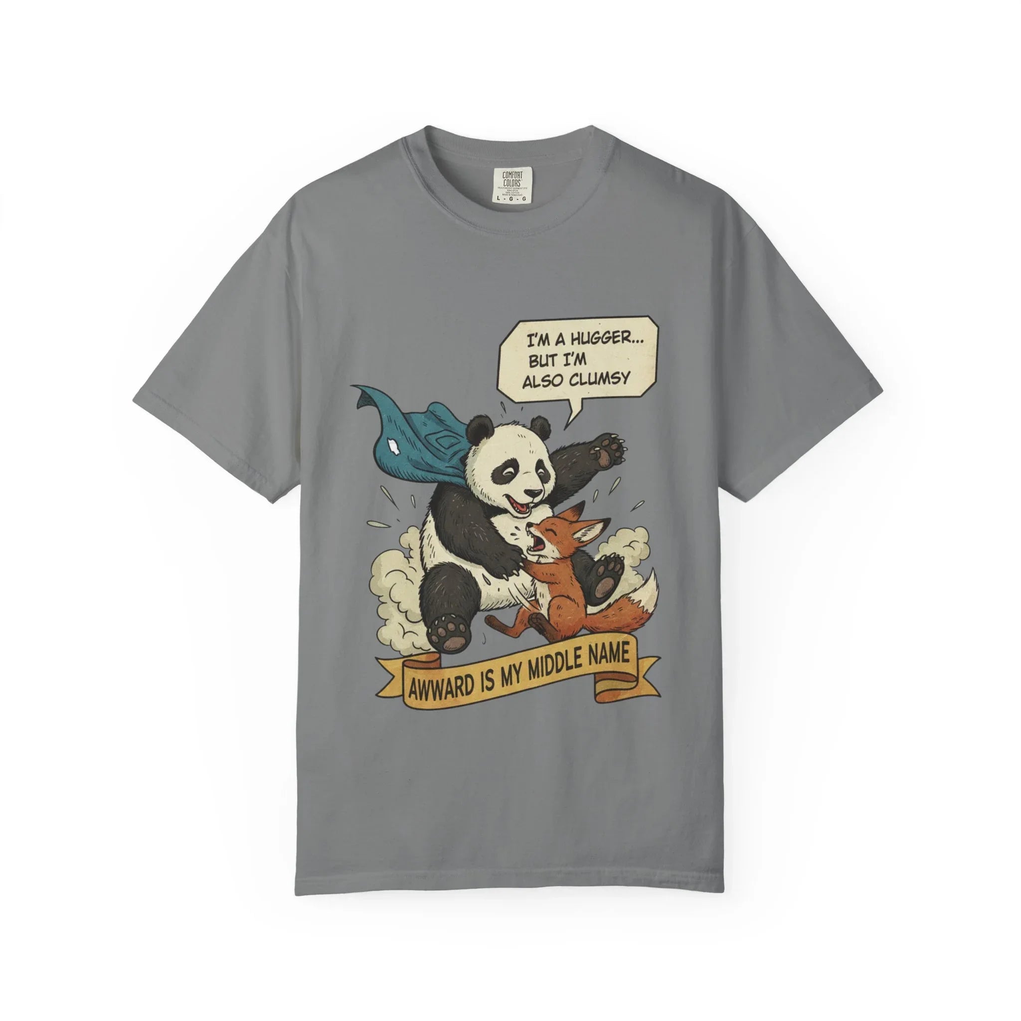 Funny Panda Shirt - Clumsy Fox Tee - Vintage Comic Style "Awward" Gift - Socially Awkward Friendship T-Shirt - Retro Cartoon Graphic Tee Grey