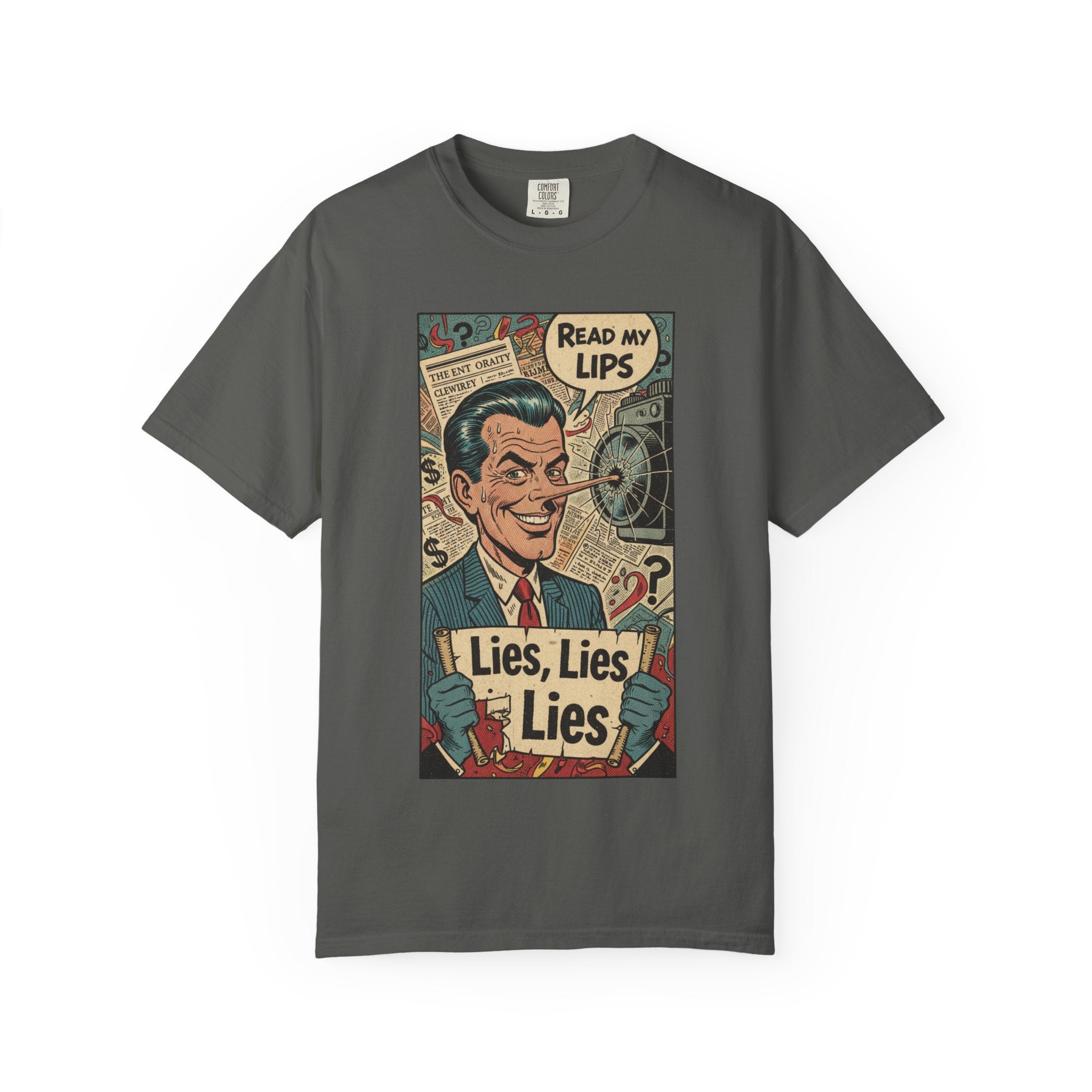 Lies Lies Lies T-Shirt - Read My Lips Satire Tee - Funny Pinocchio Political Shirt - Vintage Comic Graphic - Sarcastic Truth Tee Pepper