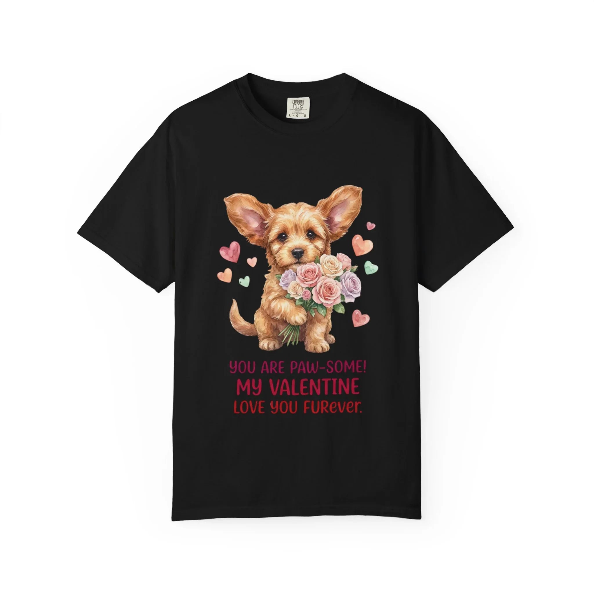 Cute Puppy Holding Roses Valentine T Shirt Paw-some Love You Furever Watercolor Cozy Vintage Aesthetic Gift Dog Lovers Soft Cotton Romantic Black