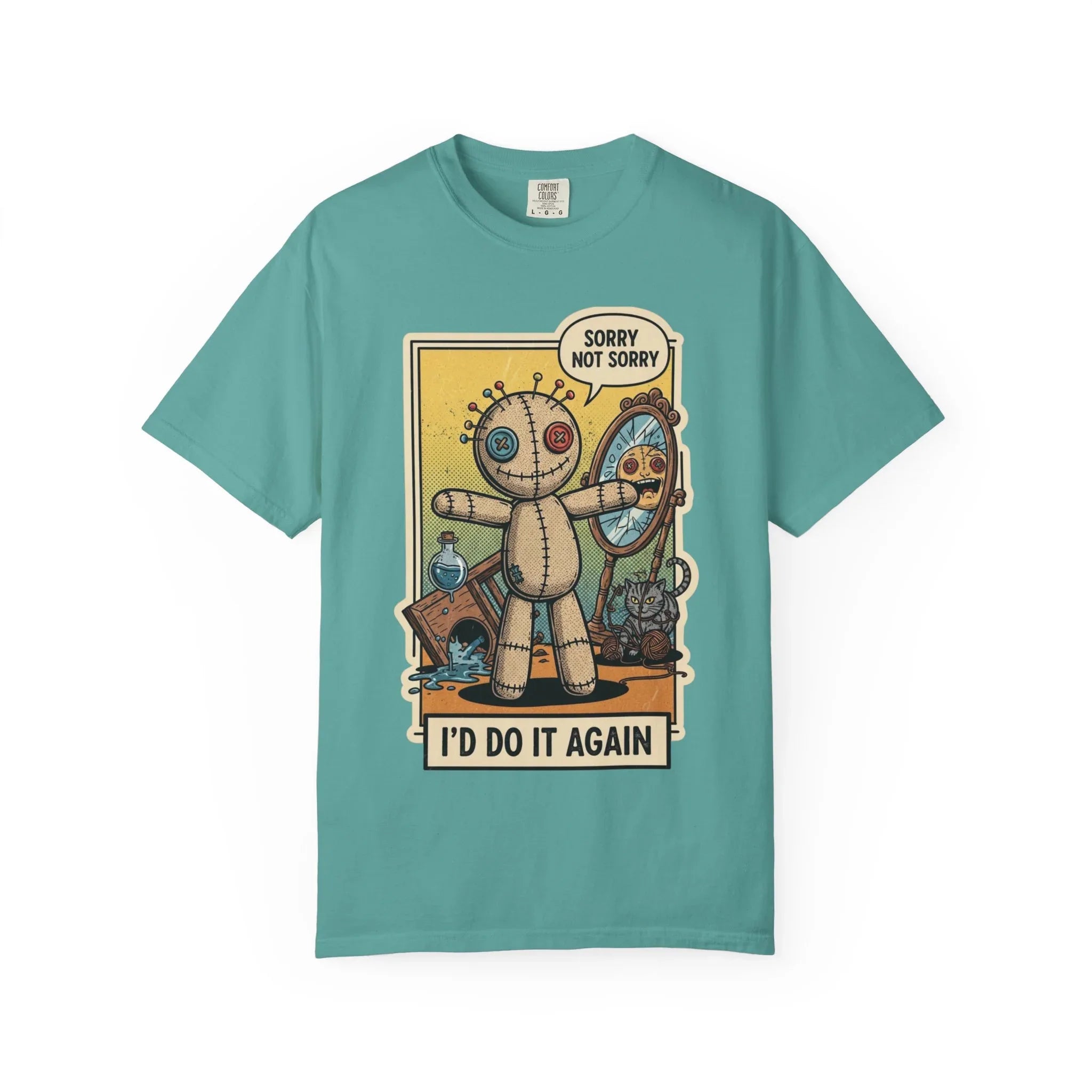 Sorry Not Sorry Voodoo Doll Shirt - Sarcastic "I'd Do It Again" Graphic Tee - Retro Comic Dark Humor T-Shirt - Vintage Black Cat Aesthetic Streetwear - Unapologetic Mood Gift Seafoam