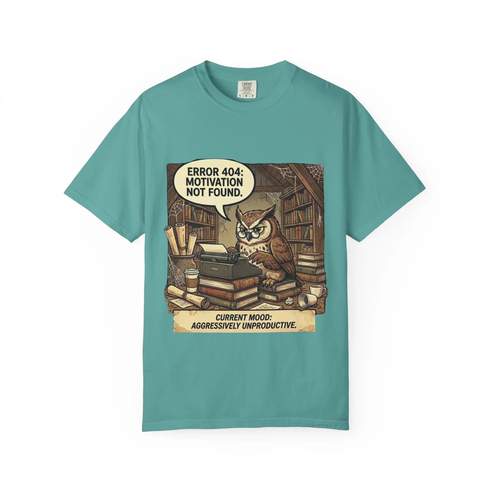 Error 404 Motivation Not Found Owl T-Shirt | Bookish Humor Study Vibes | Funny Programmer Gift | Vintage Sarcastic Student Tee Seafoam