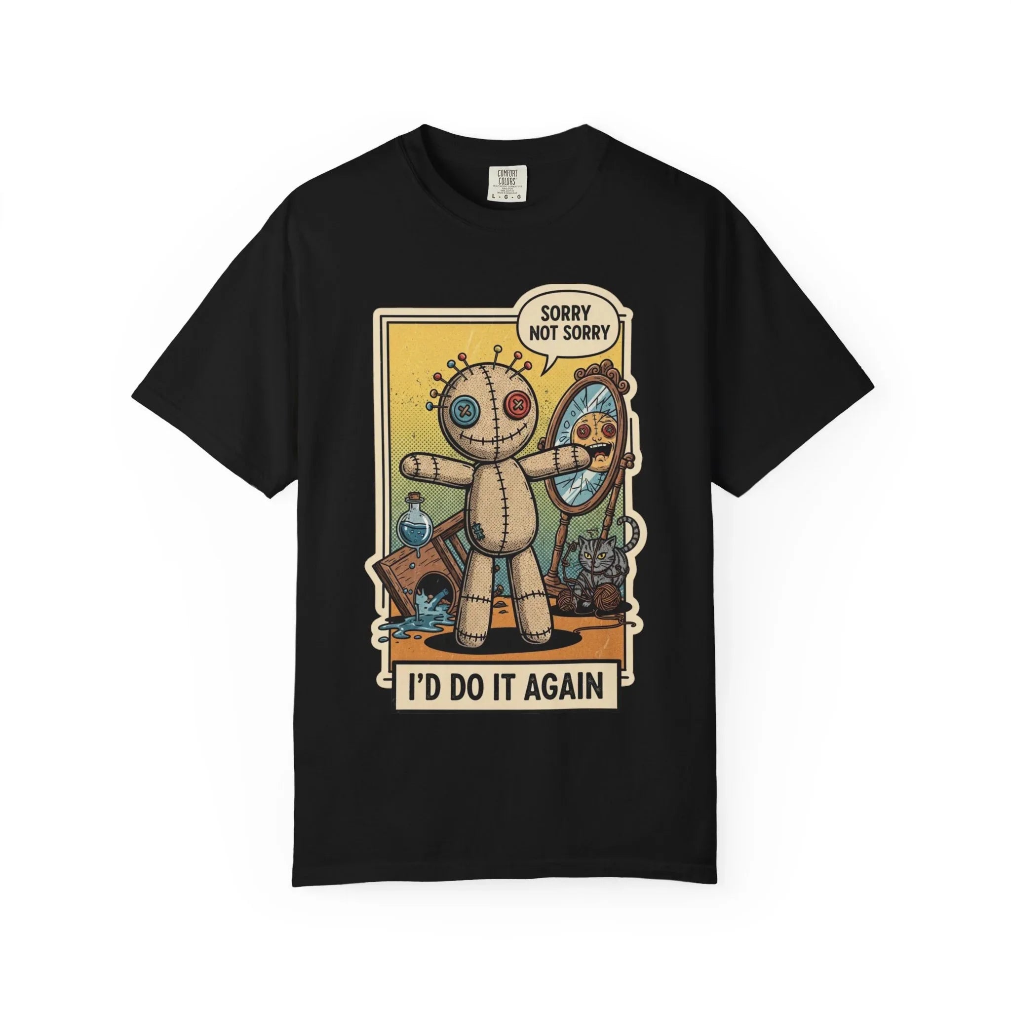 Sorry Not Sorry Voodoo Doll Shirt - Sarcastic "I'd Do It Again" Graphic Tee - Retro Comic Dark Humor T-Shirt - Vintage Black Cat Aesthetic Streetwear - Unapologetic Mood Gift Black