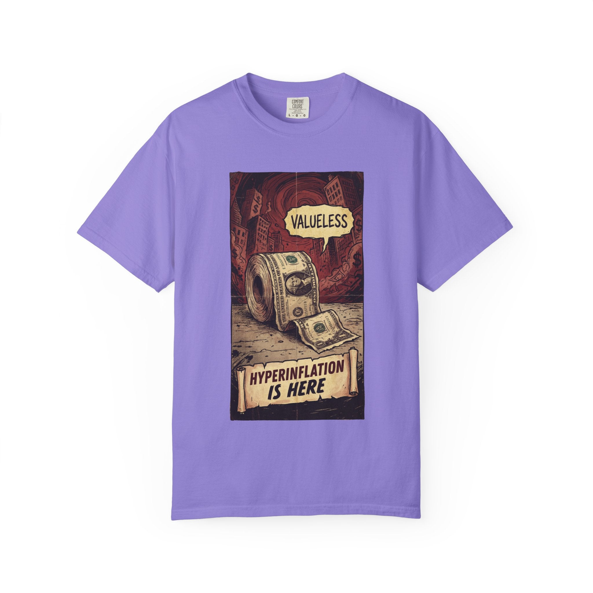 Hyperinflation Is Here Shirt, Funny Finance T-Shirt, Valueless Money Toilet Paper Graphic, Vintage Retro Economic Crisis Tee, Sarcastic Political Top Violet