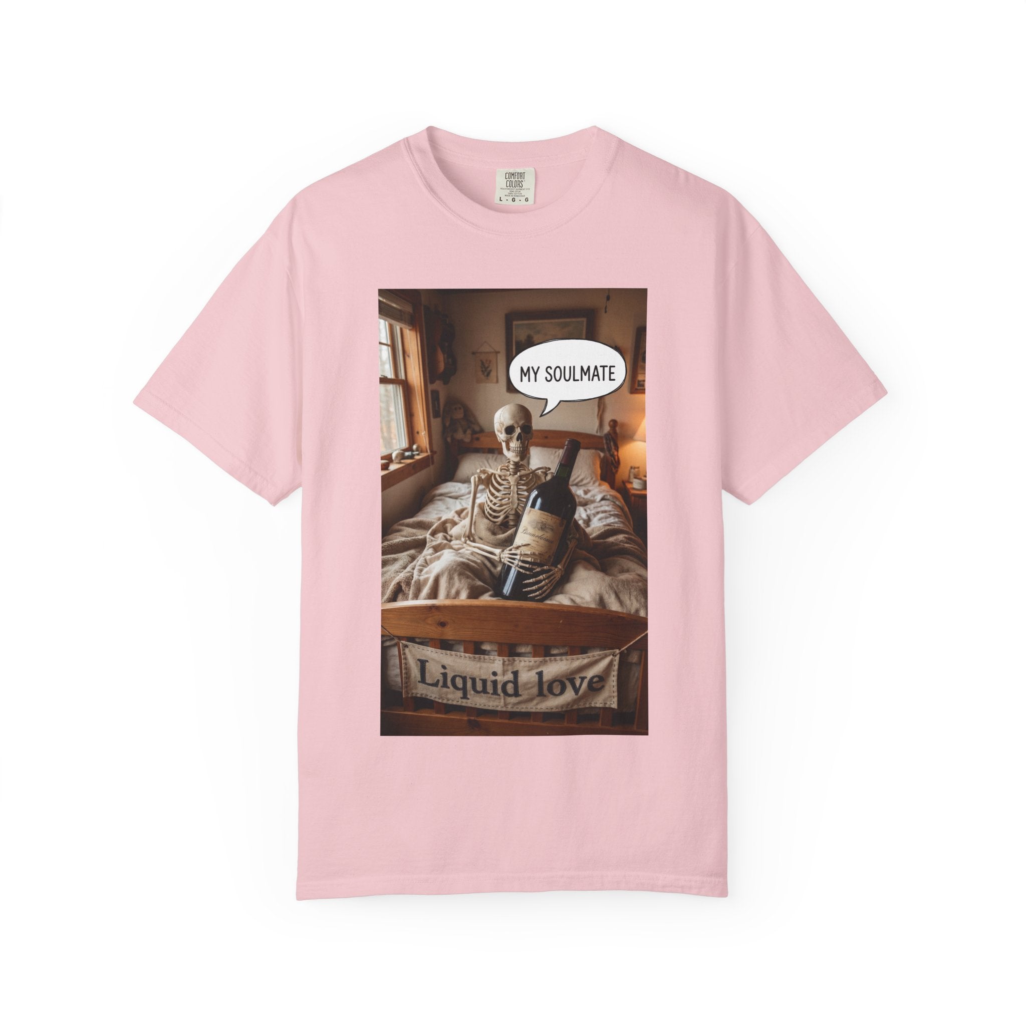 Liquid Love Skeleton Wine Shirt - Funny Soulmate Gift - Dark Humor T-Shirt - Gothic Cottagecore Graphic Tee - Sarcastic Wine Enthusiast Apparel Blossom