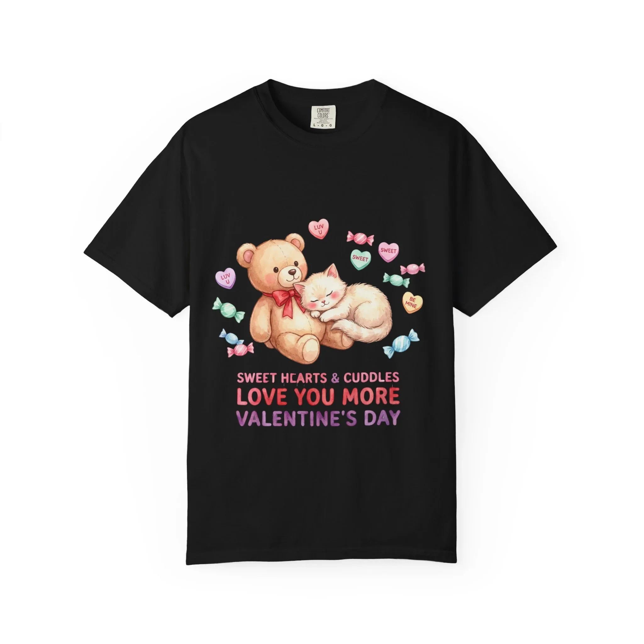 Cute Bear and Kitten Valentine T-shirt | Vintage Soft Love Tee | Couple Gift | Aesthetic Comfort Shirt | Retro Candy Heart Design Black