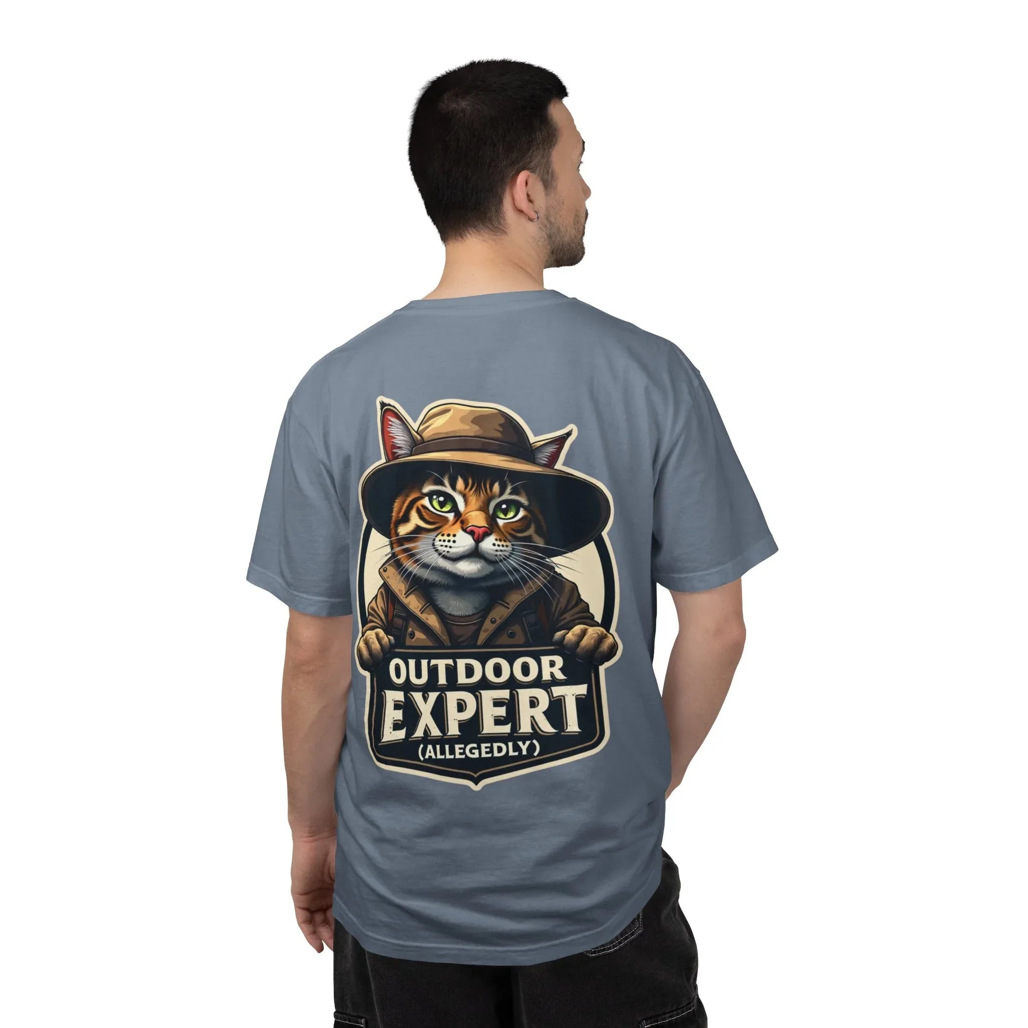 Outdoor Expert Cat T-Shirt, Outdoor Expert (Allegedly) Back Print Tee, Funny Camping Cat in Fedora Badge, Unisex Garment-Dyed Blue Jean
