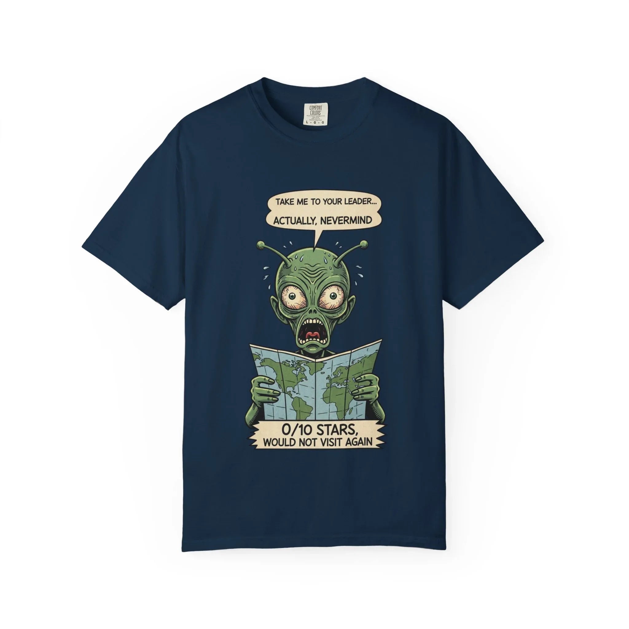 Funny Alien Shirt - Sarcastic Earth Review Tee - Vintage Sci-Fi Lover Gift - 0 Out Of 10 Stars Meme Tshirt - Retro UFO Graphic Top for Introverts True Navy