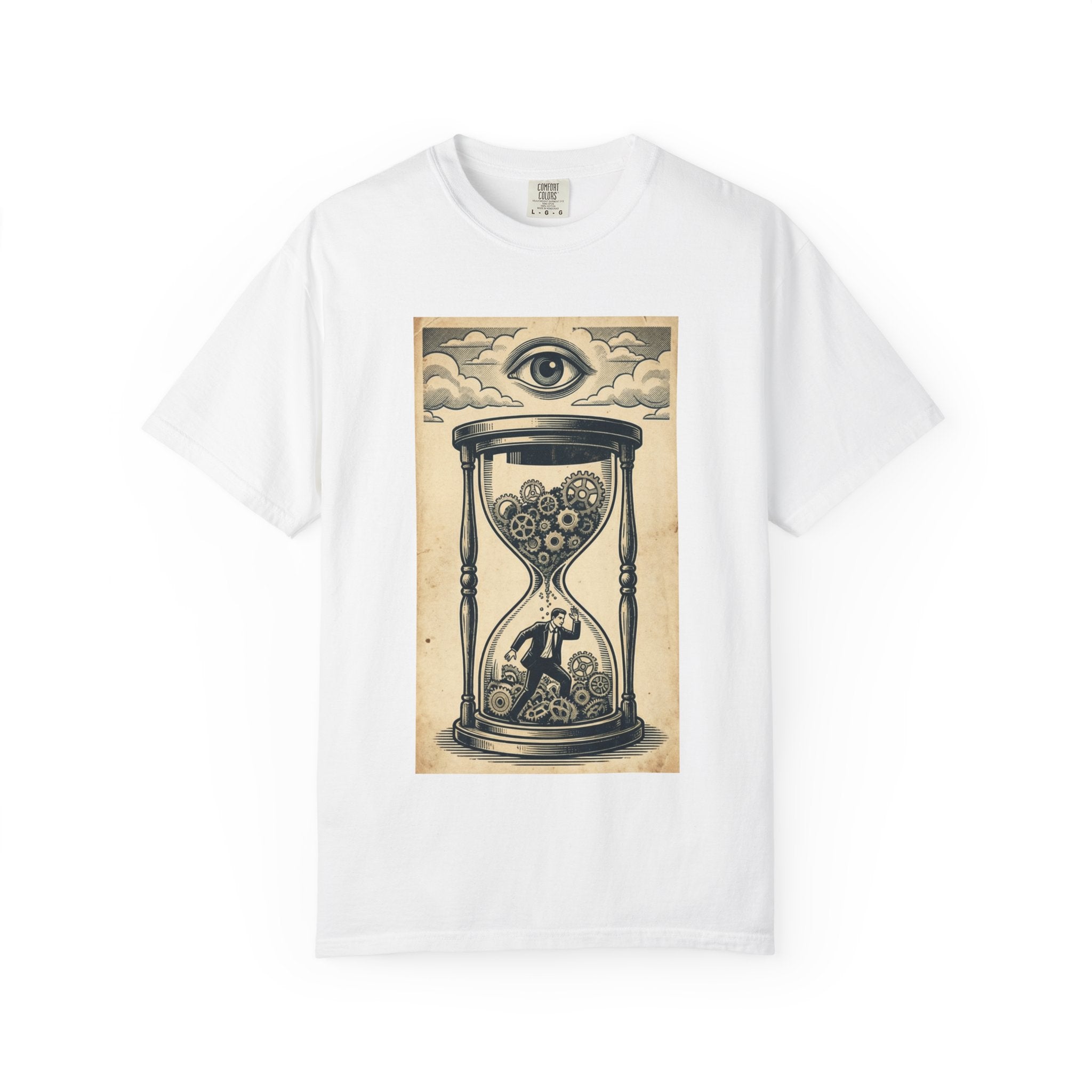 Vintage Dystopian Surrealism Shirt, All Seeing Eye Retro Graphic Tee, Dark Academia Clothing, Steampunk Gear T-Shirt, Gift for Philosophy Lovers, Oversized Unisex Corporate Satire Apparel White
