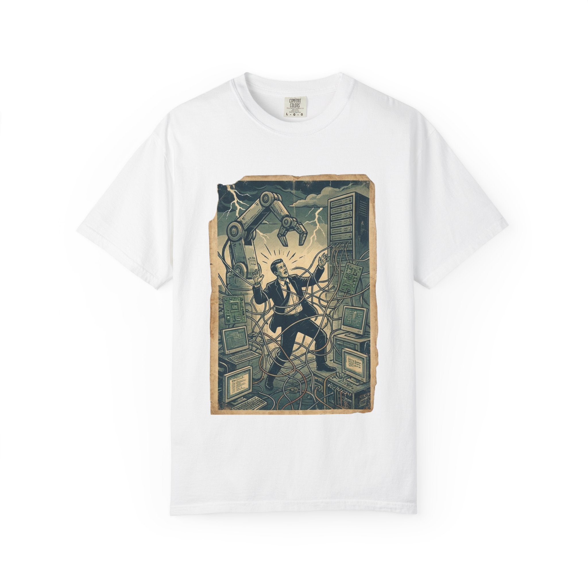 Vintage Dystopian Work Overload Shirt, Retro All-Seeing Eye Tee, Corporate Burnout Graphic, Dark Academia Aesthetic, Gift for Tech Workers, Philosophy Satire Unisex T-Shirt White