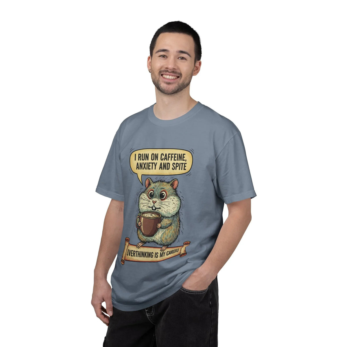 Funny Hamster Coffee Shirt - "Overthinking is My Cardio" T-Shirt - Caffeine Anxiety and Spite Gift - Sarcastic Mental Health Graphic Tee - Retro Jittery Hamster Overthinker Gift