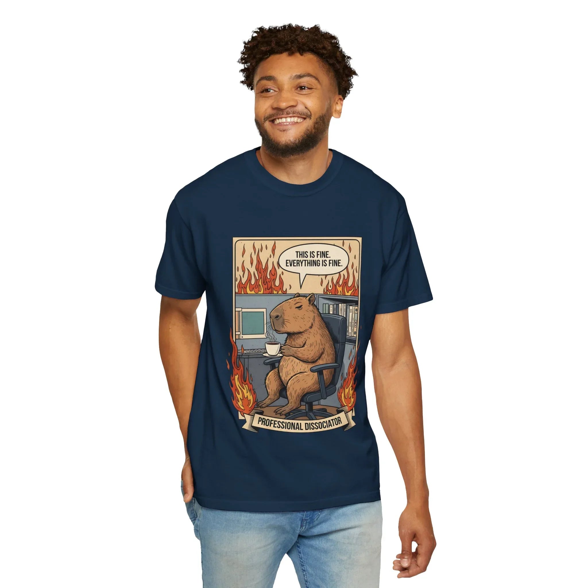Funny Capybara Shirt - "This Is Fine" Meme Hoodie - Professional Dissociator Gift - Office Humor Graphic Tee - Anxiety & Mental Health Crewneck - Cute Chill Rodent Top