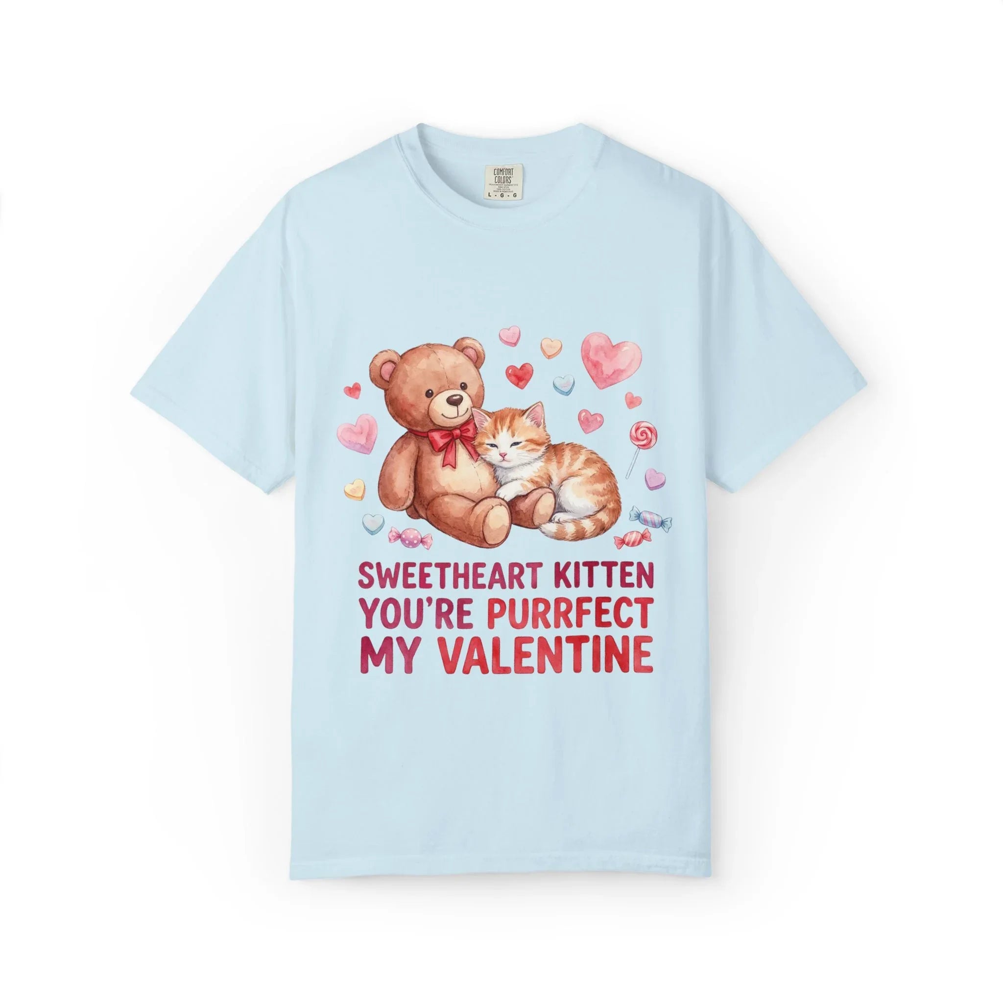 Sweetheart Kitten Youre Purrfect My Valentine T Shirt Cute Cat Teddy Bear Hearts Watercolor Cozy Vintage Aesthetic Gift Cat Lovers Chambray