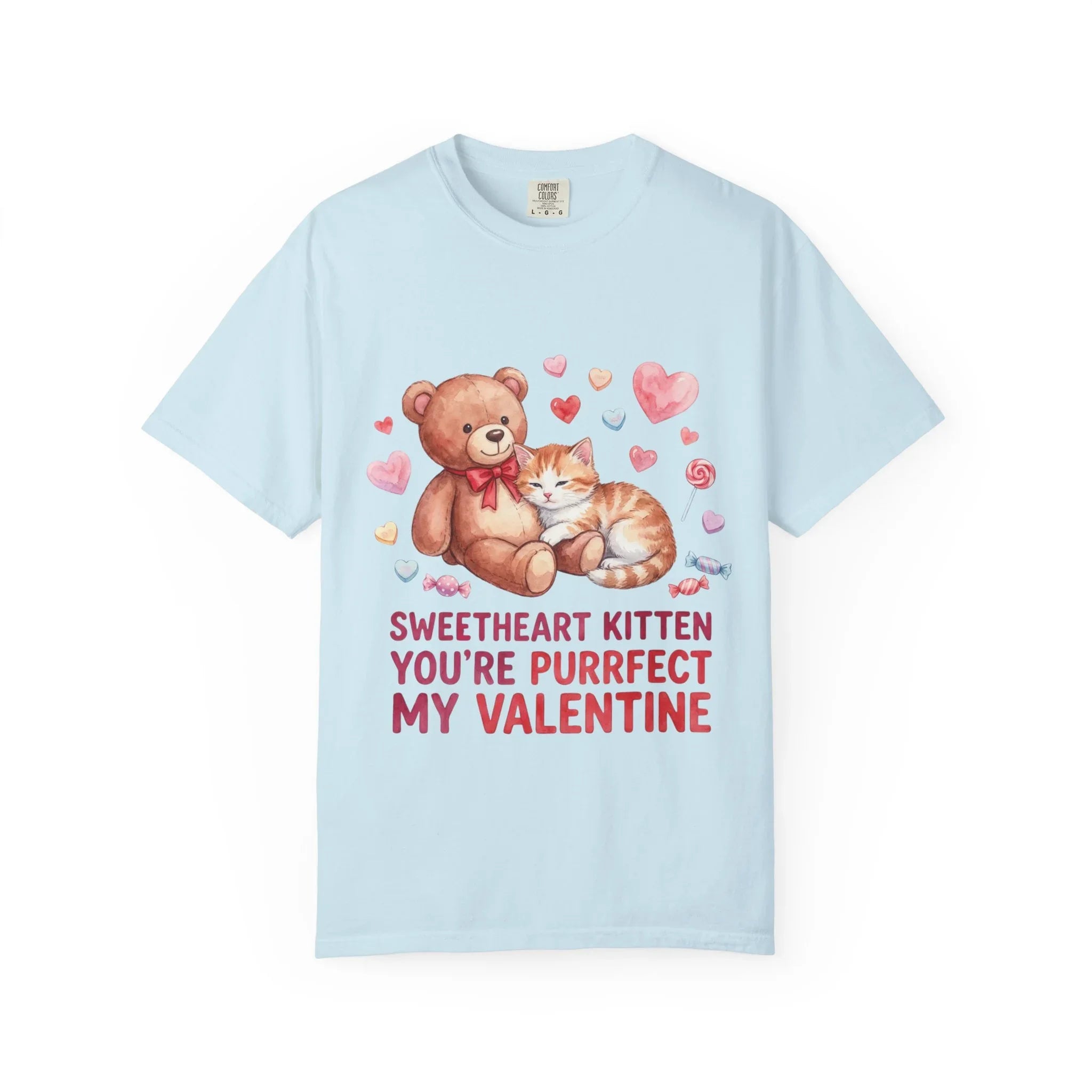 Sweetheart Kitten Youre Purrfect My Valentine T Shirt Cute Cat Teddy Bear Hearts Watercolor Cozy Vintage Aesthetic Gift Cat Lovers Chambray