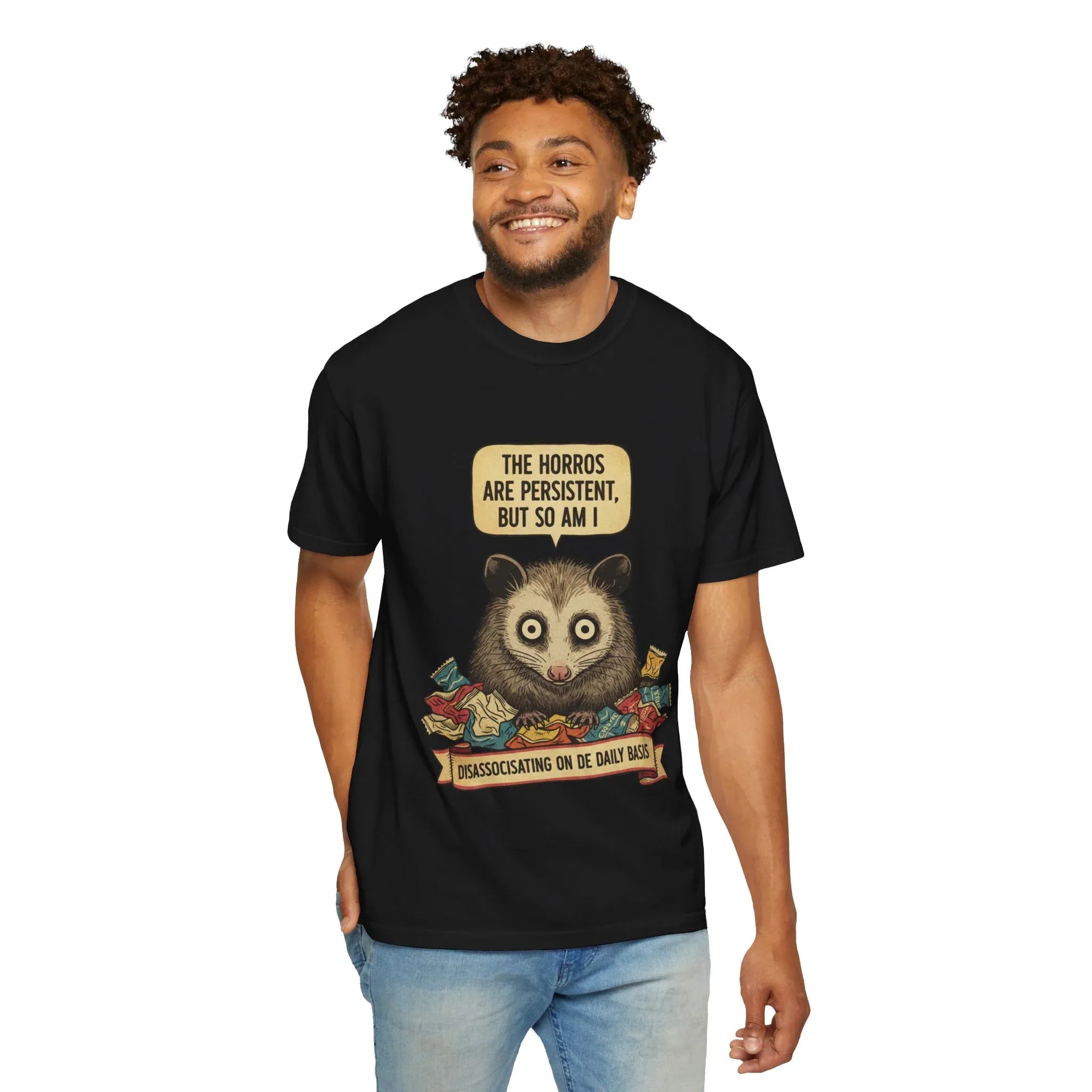 Funny Opossum Shirt - "The Horrors Are Persistent But So Am I" T-Shirt - Dissociating Daily Meme Tee - Weirdcore Possum Graphic - Sarcastic Mental Health Gift