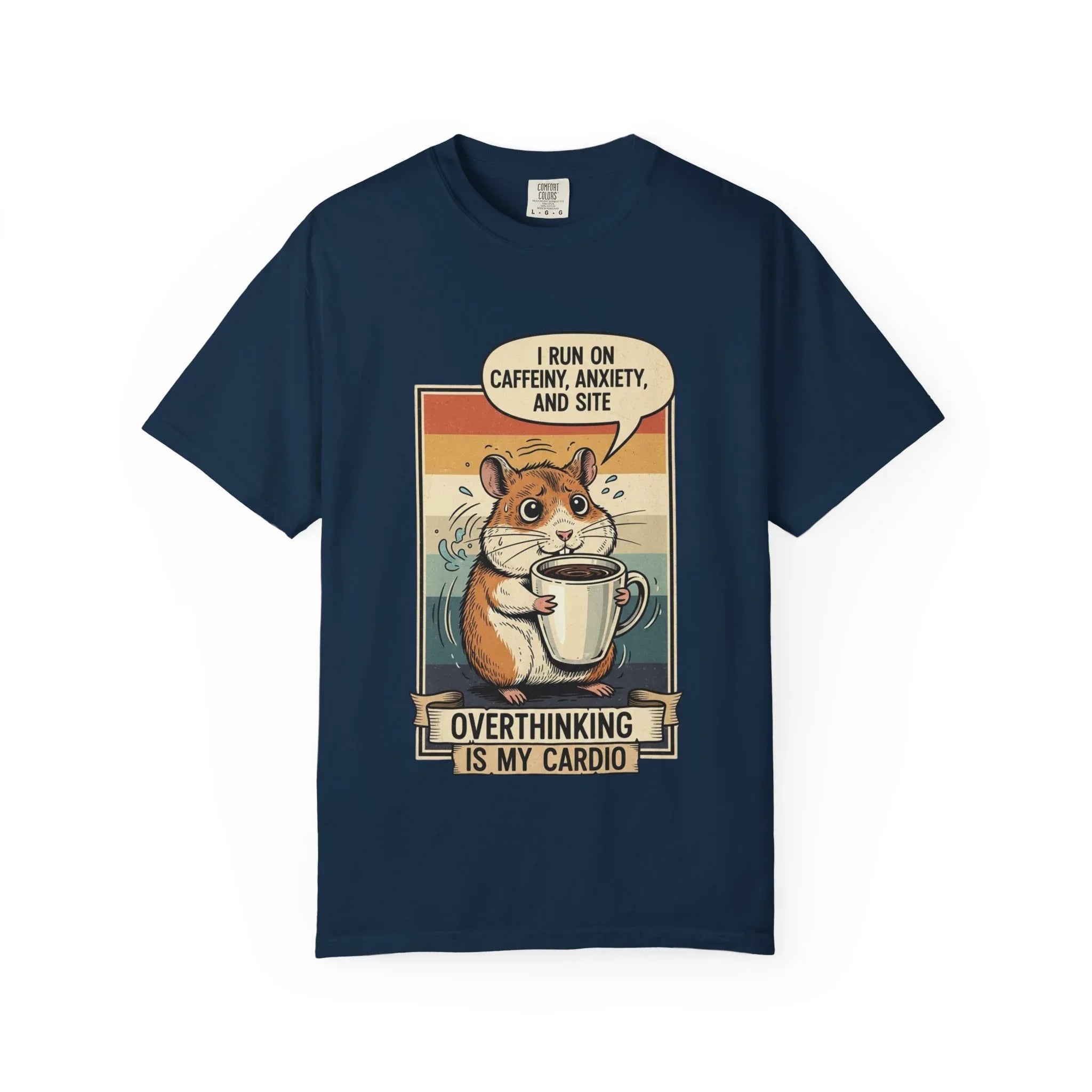 Funny Overthinking Hamster T-Shirt - "Overthinking is My Cardio" Retro Coffee Lover Gift - Sarcastic Mental Health Tee - Vintage Hamster Mom & Dad Gift - Nervous Animal Graphic Top True Navy