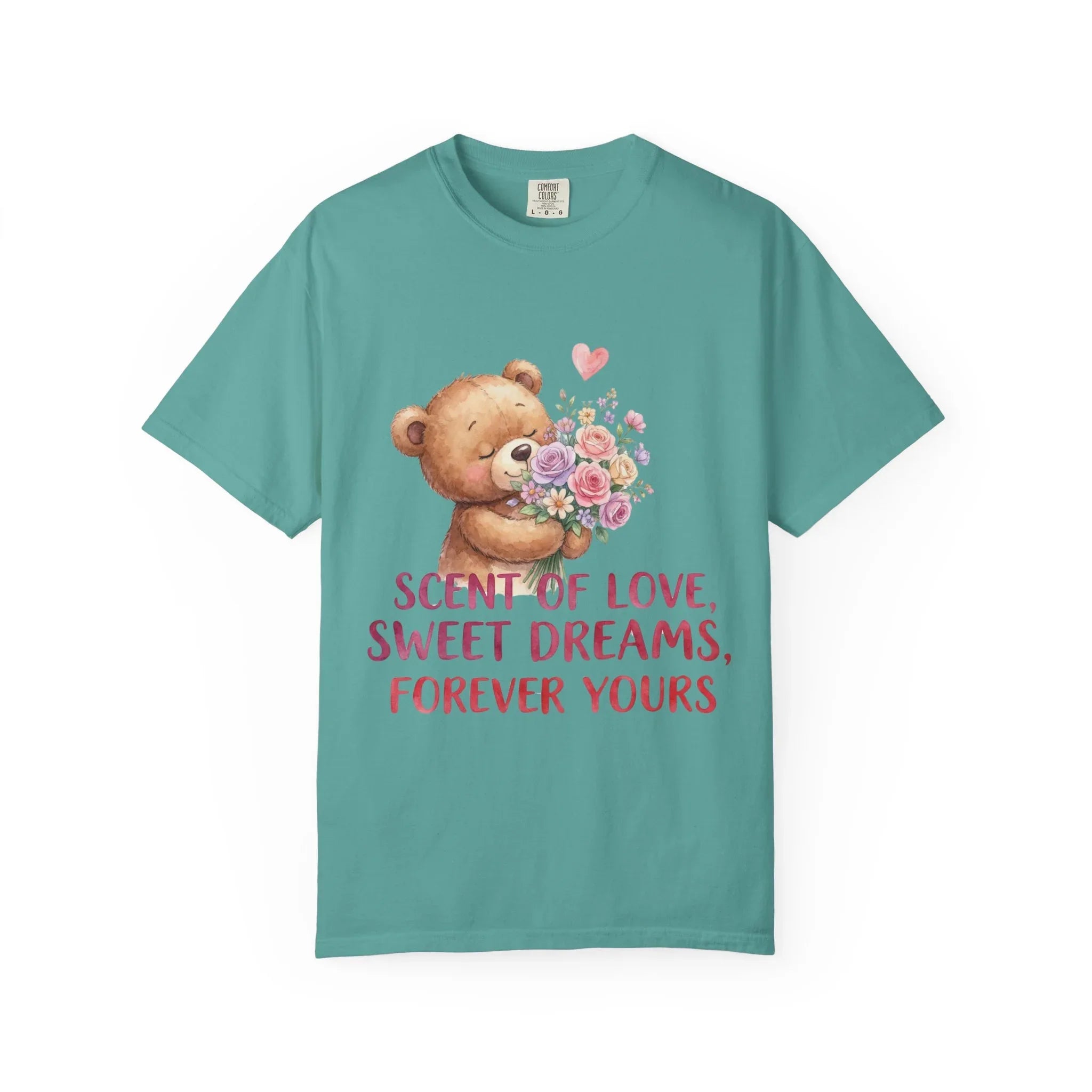 Teddy Bear with Bouquet T-Shirt | Scent of Love Sweet Dreams Forever Yours | Cute Valentine Gift | Cozy Soft Vintage Aesthetic Tee Seafoam