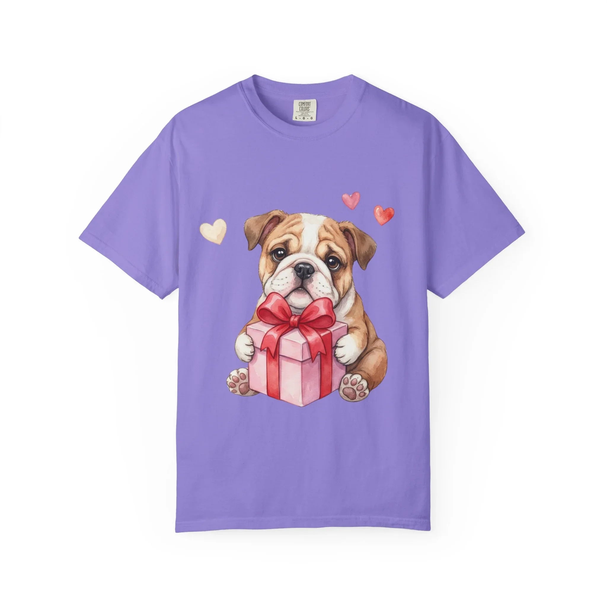 Bulldog Puppy with Gift T-Shirt | Cute Dog Valentine Hearts | Cozy Pet Lover Gift | Soft Vintage Aesthetic Dog Tee Violet