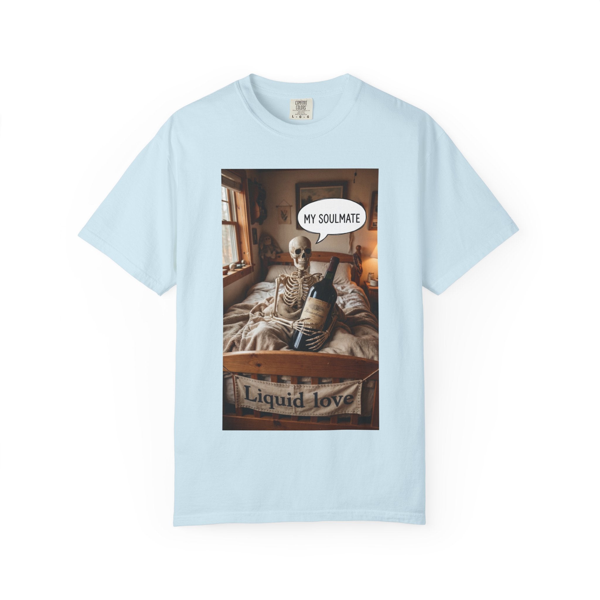 Liquid Love Skeleton Wine Shirt - Funny Soulmate Gift - Dark Humor T-Shirt - Gothic Cottagecore Graphic Tee - Sarcastic Wine Enthusiast Apparel Chambray