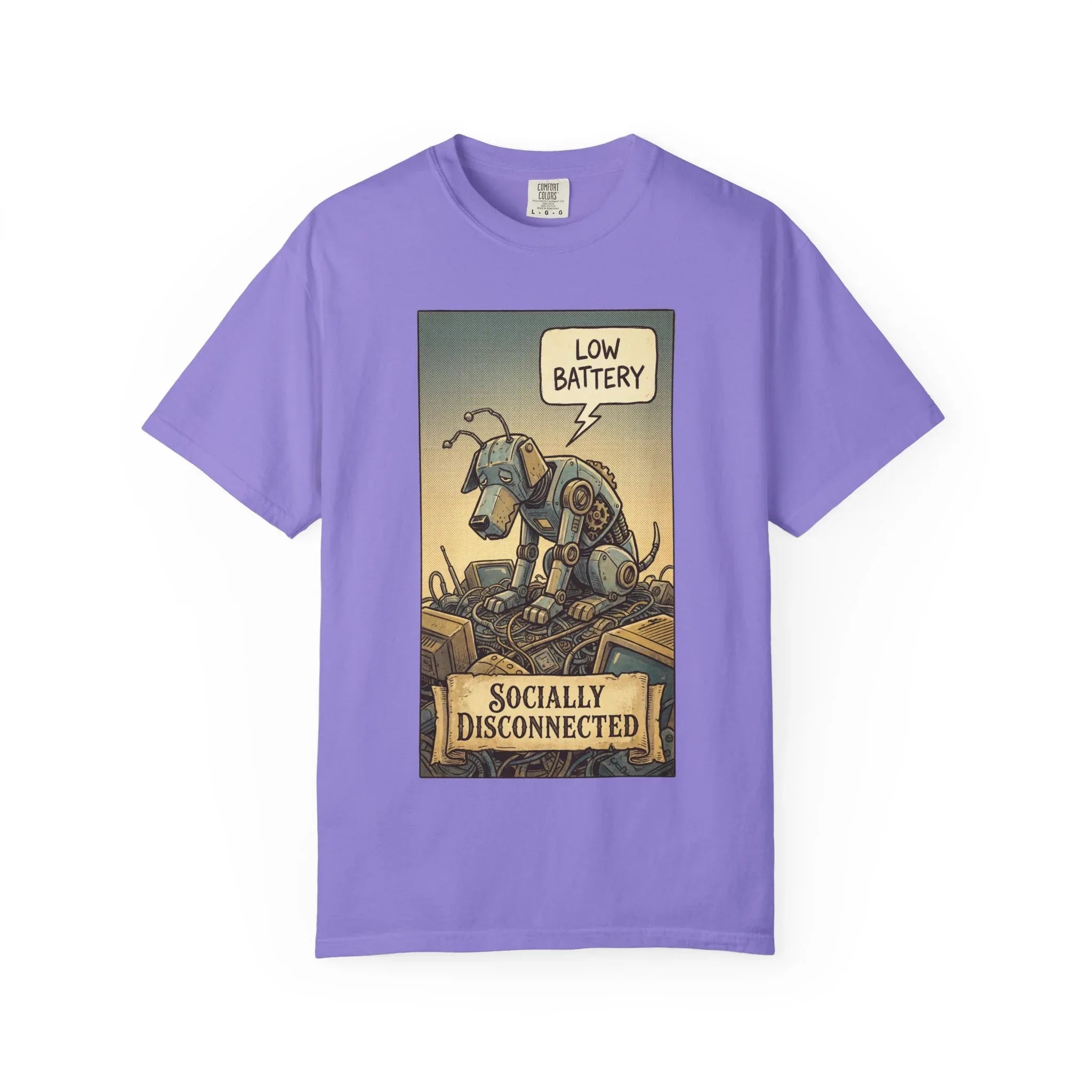 Socially Disconnected Robot Dog Shirt - Vintage Retro Comic Tee - Social Battery Introvert Gift - Satirical Humor Aesthetic T-Shirt - Relatables Low Battery Robot Graphic Tee Violet
