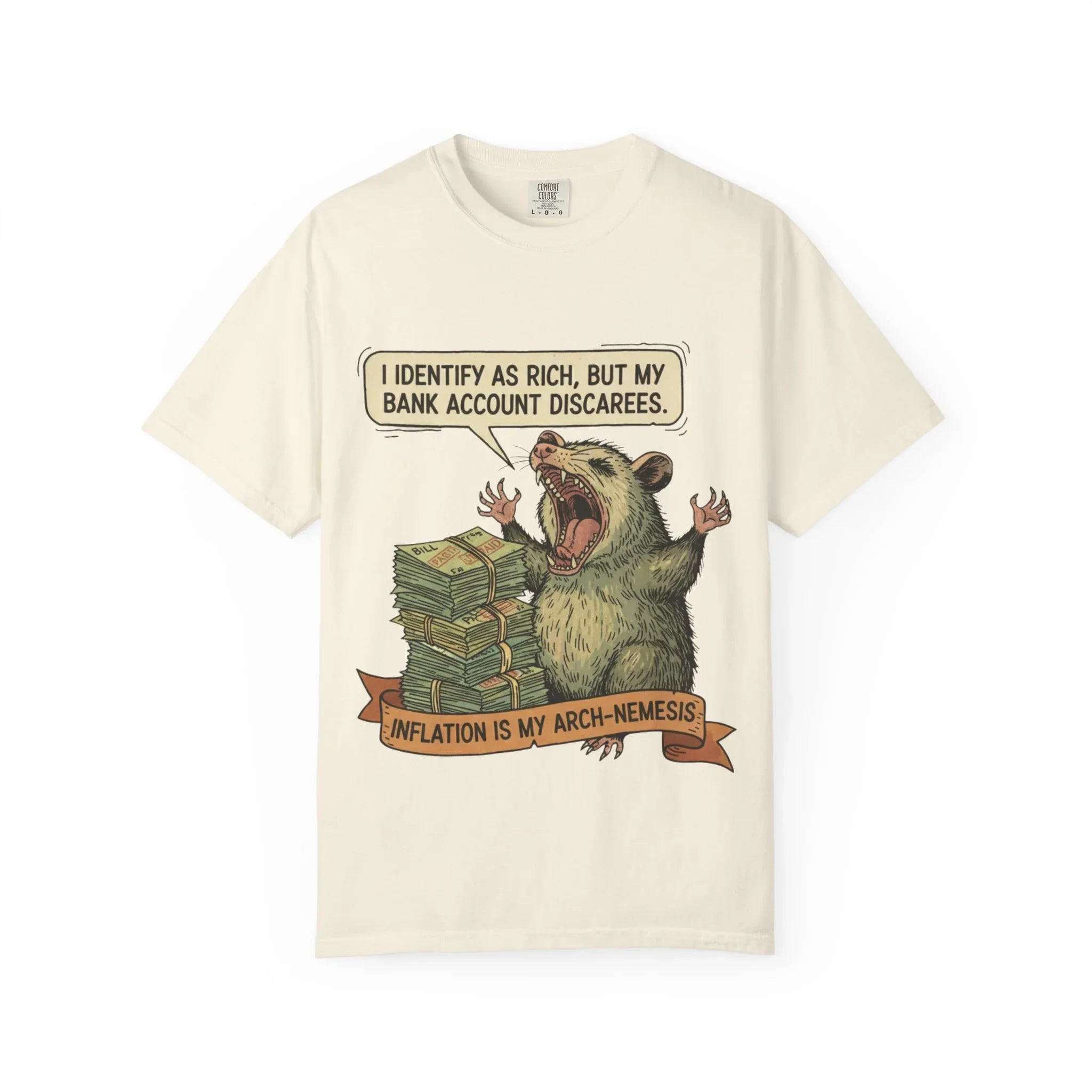 Funny Opossum Shirt I Identify As Rich Sarcastic Animal Meme Tee Screaming Opossum Gift for Friend Inflation Struggle Humor Top Ivory
