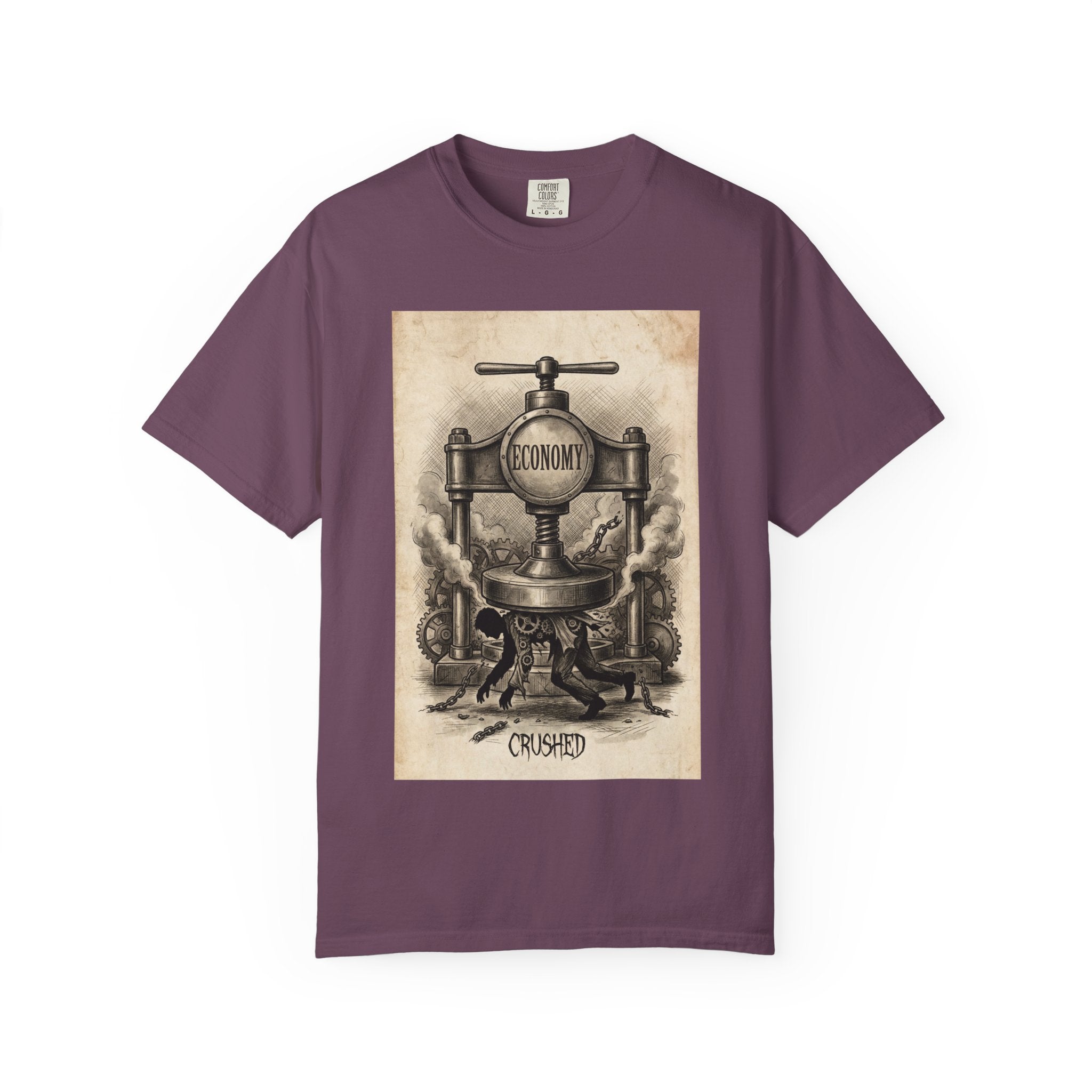 Vintage Economy Press T-Shirt | Retro Industrial Satire Tee | Dark Academia Social Comment Art Shirt | Gift for Philosophy & Economics Lovers" Berry