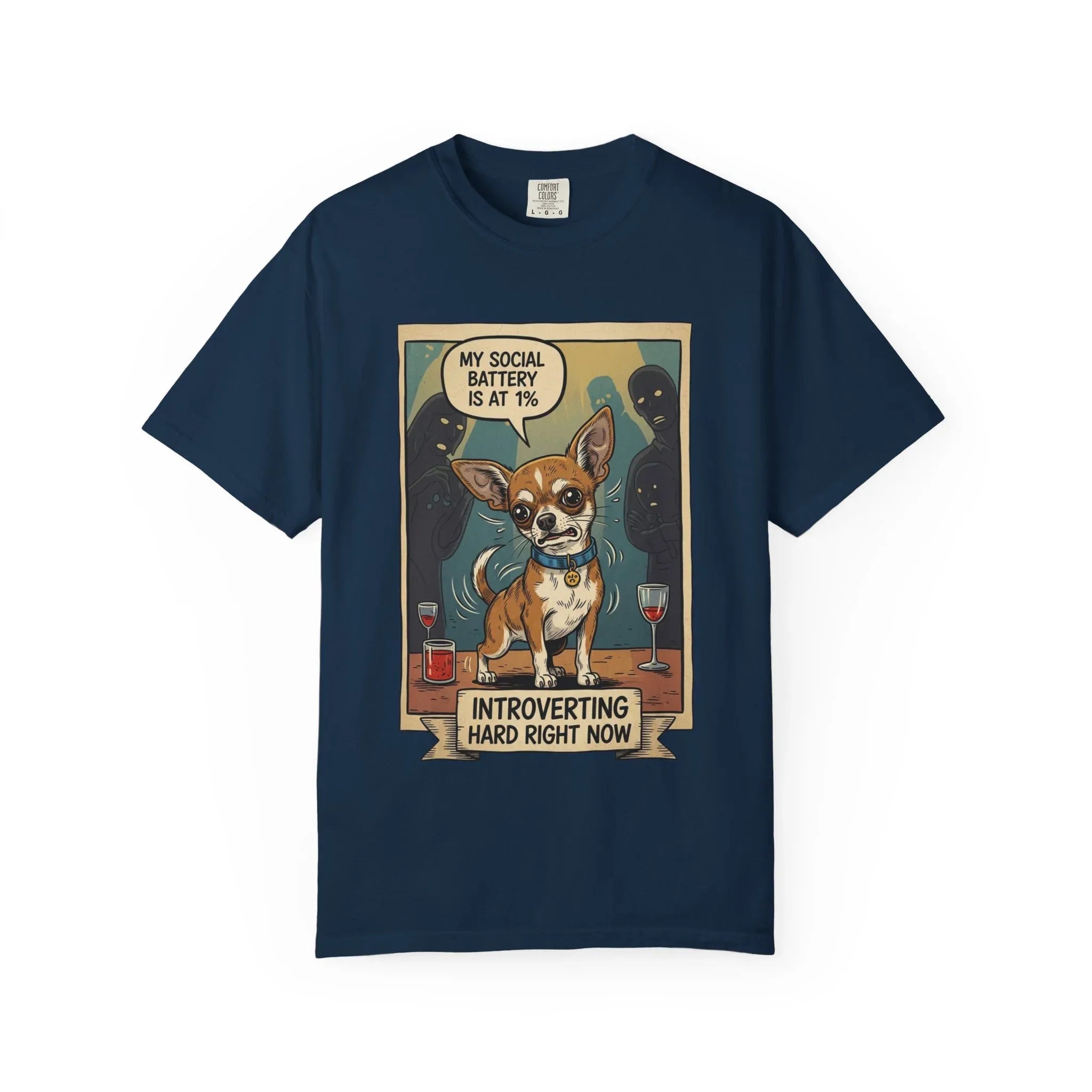 Funny Chihuahua Shirt - "Social Battery 1 Percent" Introvert Tee - Sarcastic Dog Mom Gift - Retro Graphic T-Shirt - Humorous Dog Lover "Introverting Hard" Top True Navy