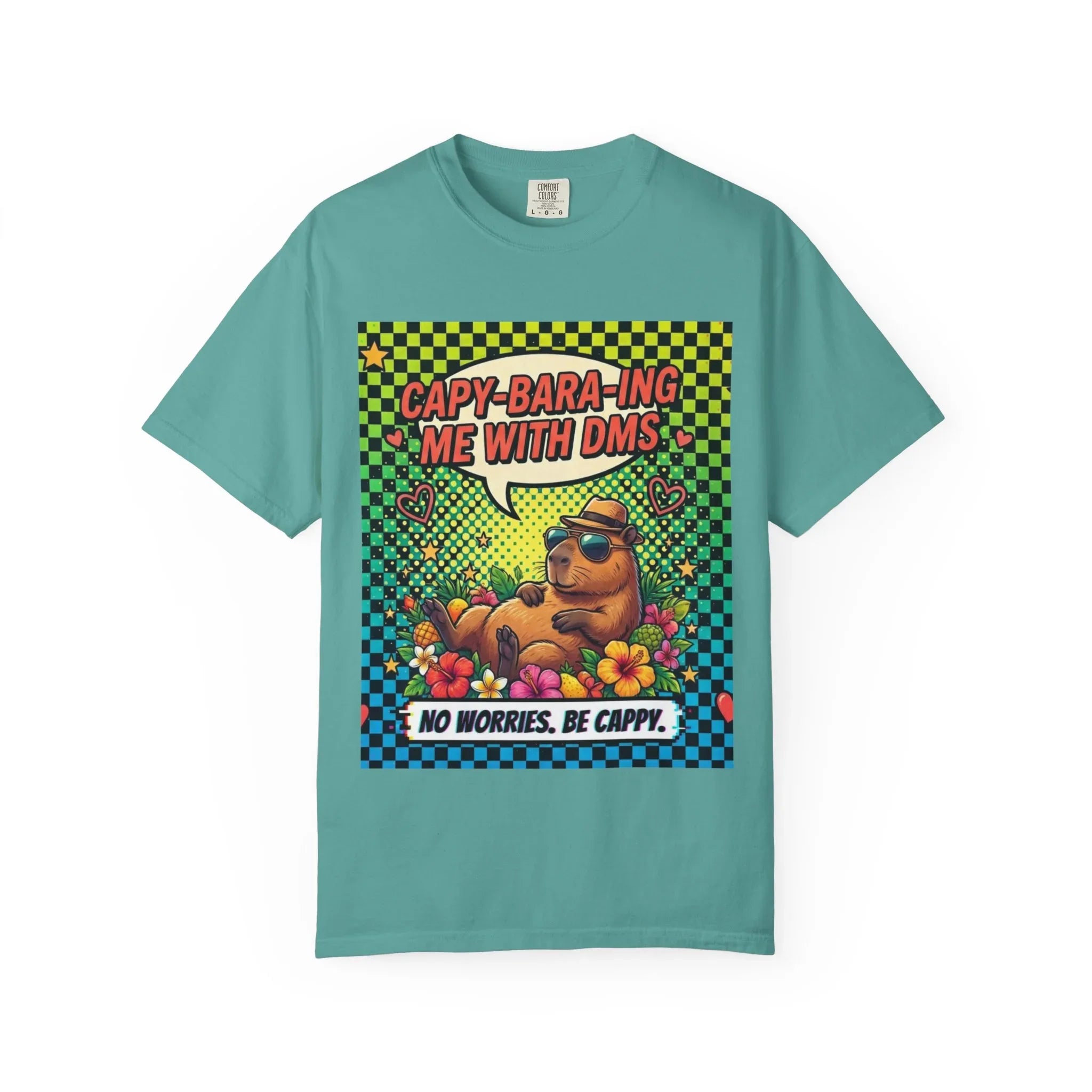 Capybara Relaxing Cartoon T-Shirt | Capy-bara-ing Me With DMs Tee | No Worries Be Cappy | Viral Meme Humor Gift Shirt Seafoam