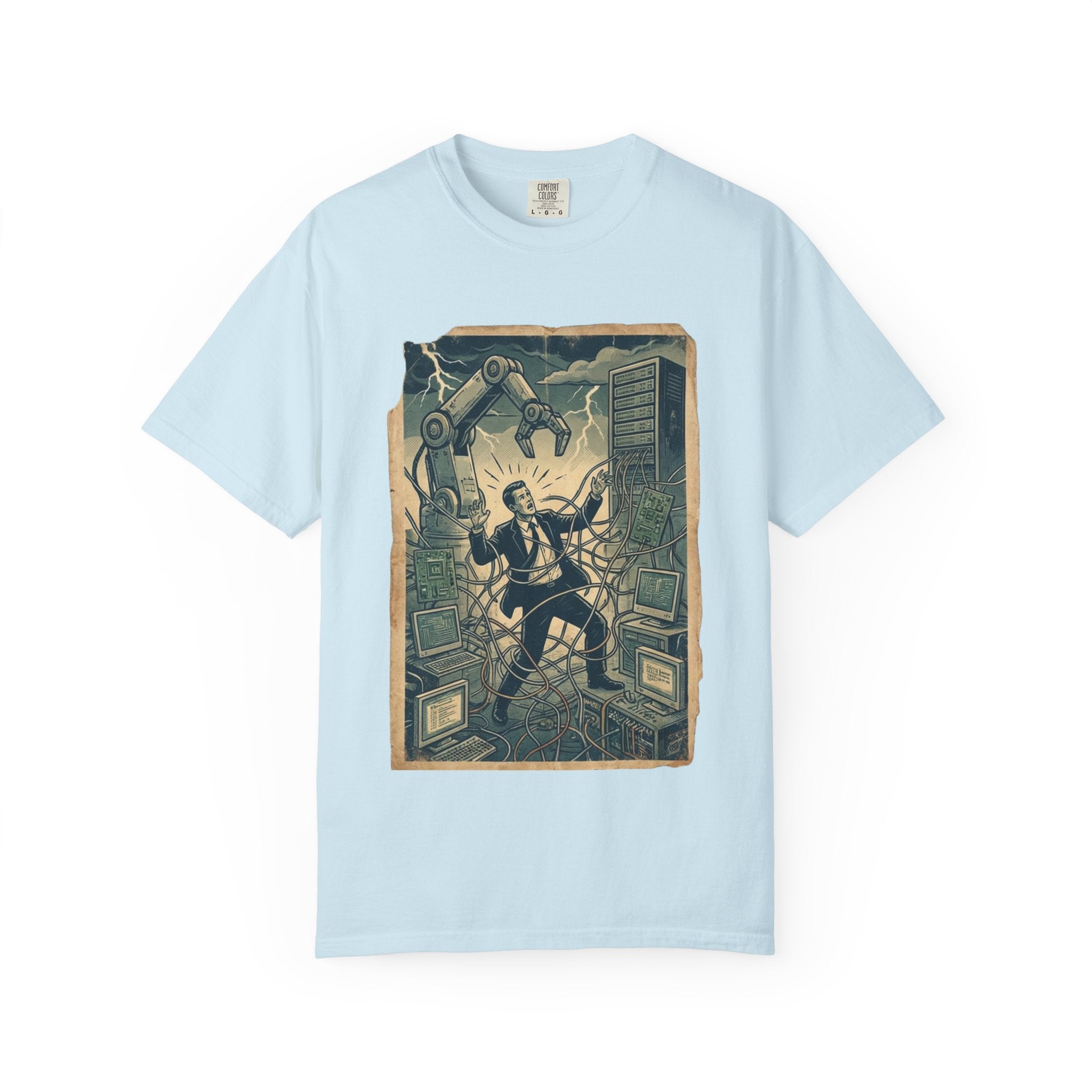 Vintage Dystopian Work Overload Shirt, Retro All-Seeing Eye Tee, Corporate Burnout Graphic, Dark Academia Aesthetic, Gift for Tech Workers, Philosophy Satire Unisex T-Shirt Chambray