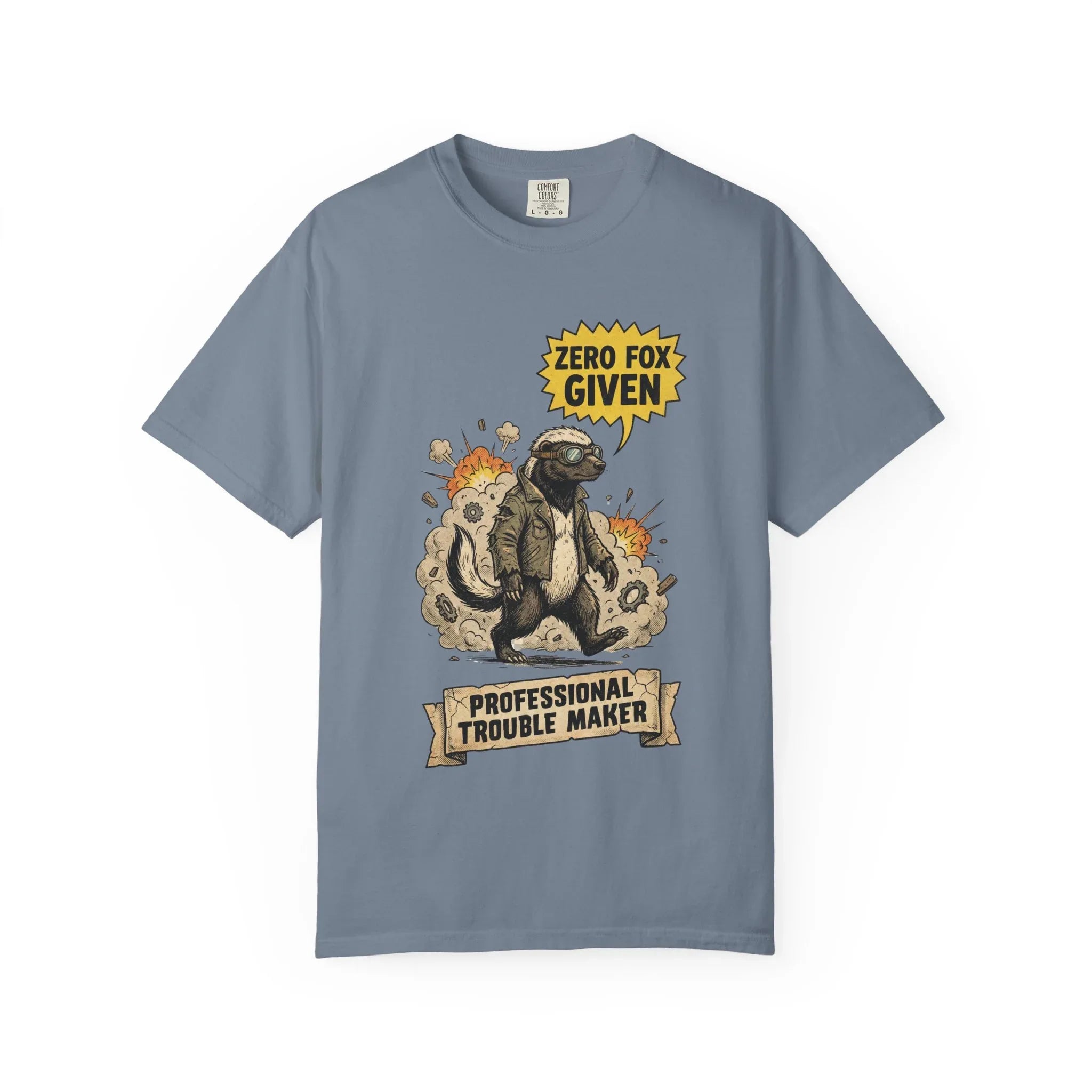 Honey Badger Shirt - "Zero Fox Given" T-Shirt - Professional Trouble Maker - Funny Animal Tee - Vintage Biker Gift - Sarcastic Graphic Top for Rebels Blue Jean