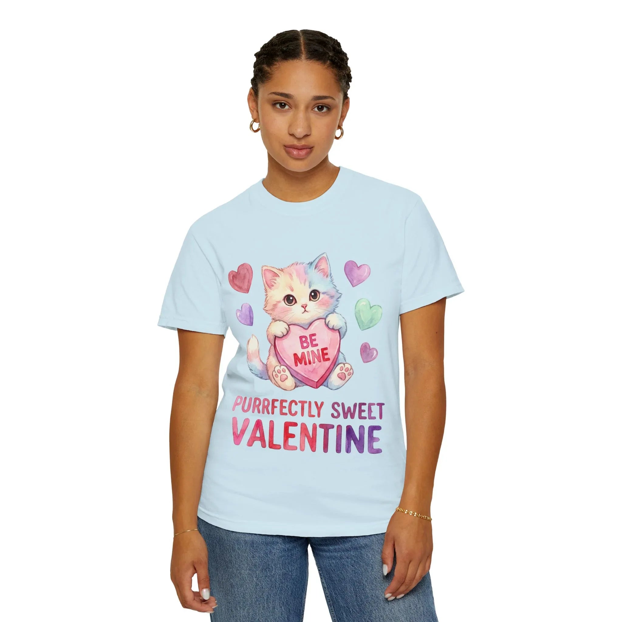 Purrfectly Sweet Valentine Cat T-Shirt | Be Mine Heart Design | Cute Pastel Kitten Tee | Cozy Romantic Gift for Cat Lovers